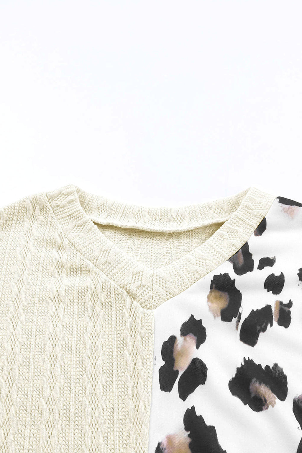 Beige Asymmetric Leopard Patchwork Wide Sleeve V Neck Sweater - enhanced image 9