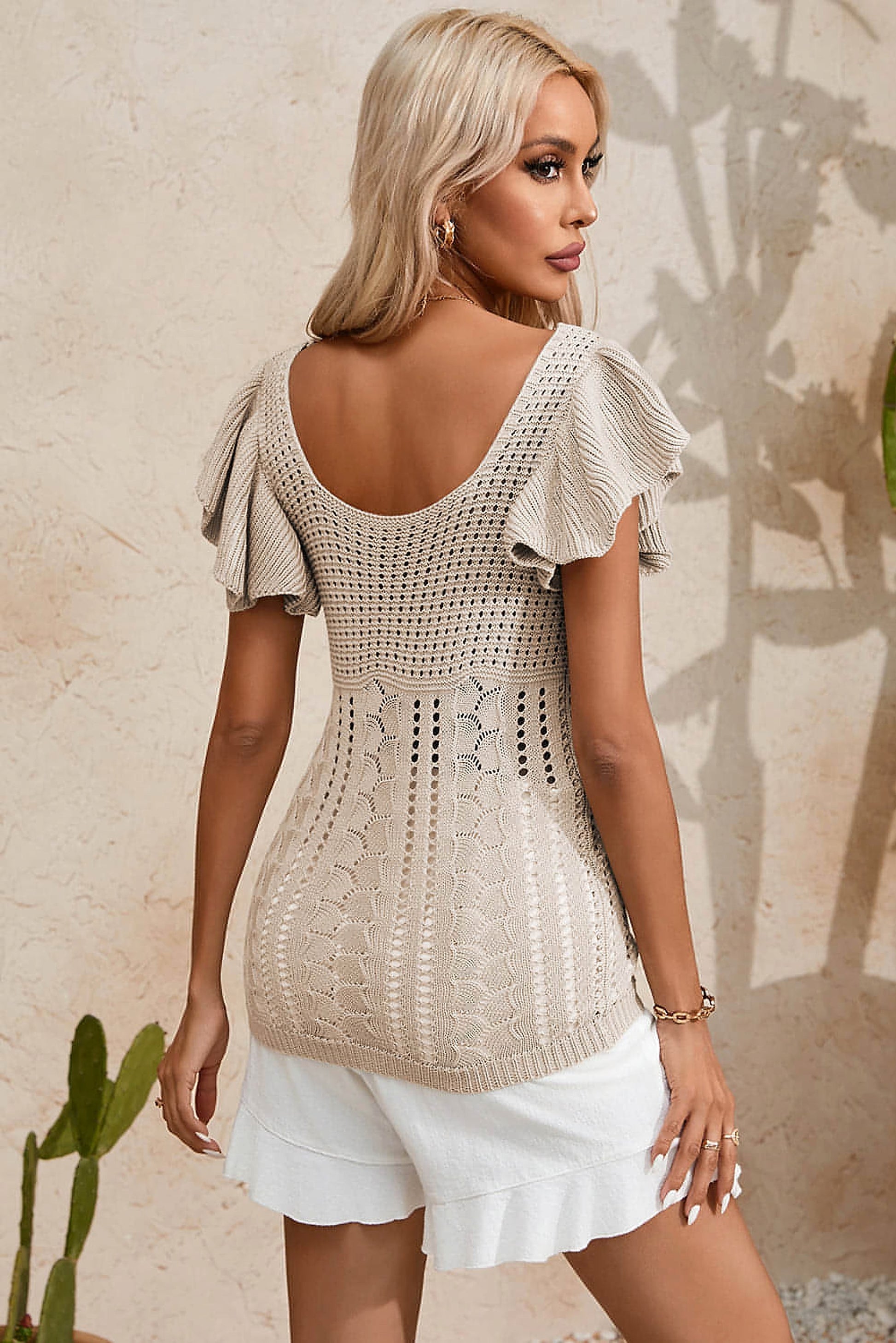 Beige Pointelle Knit Flutter Sleeve Sweater - enhanced image 9