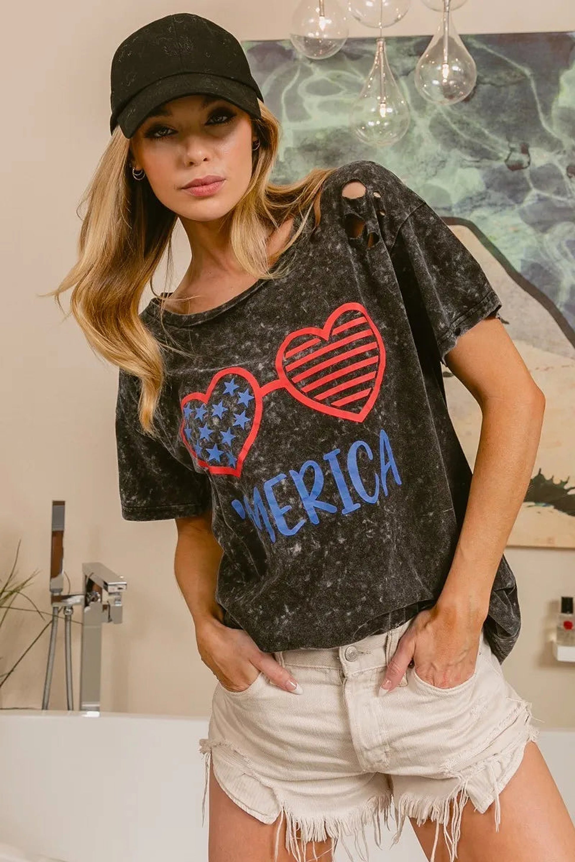 BiBi 4th Of July Theme Mineral Washed Laser Cut Top - enhanced image 9