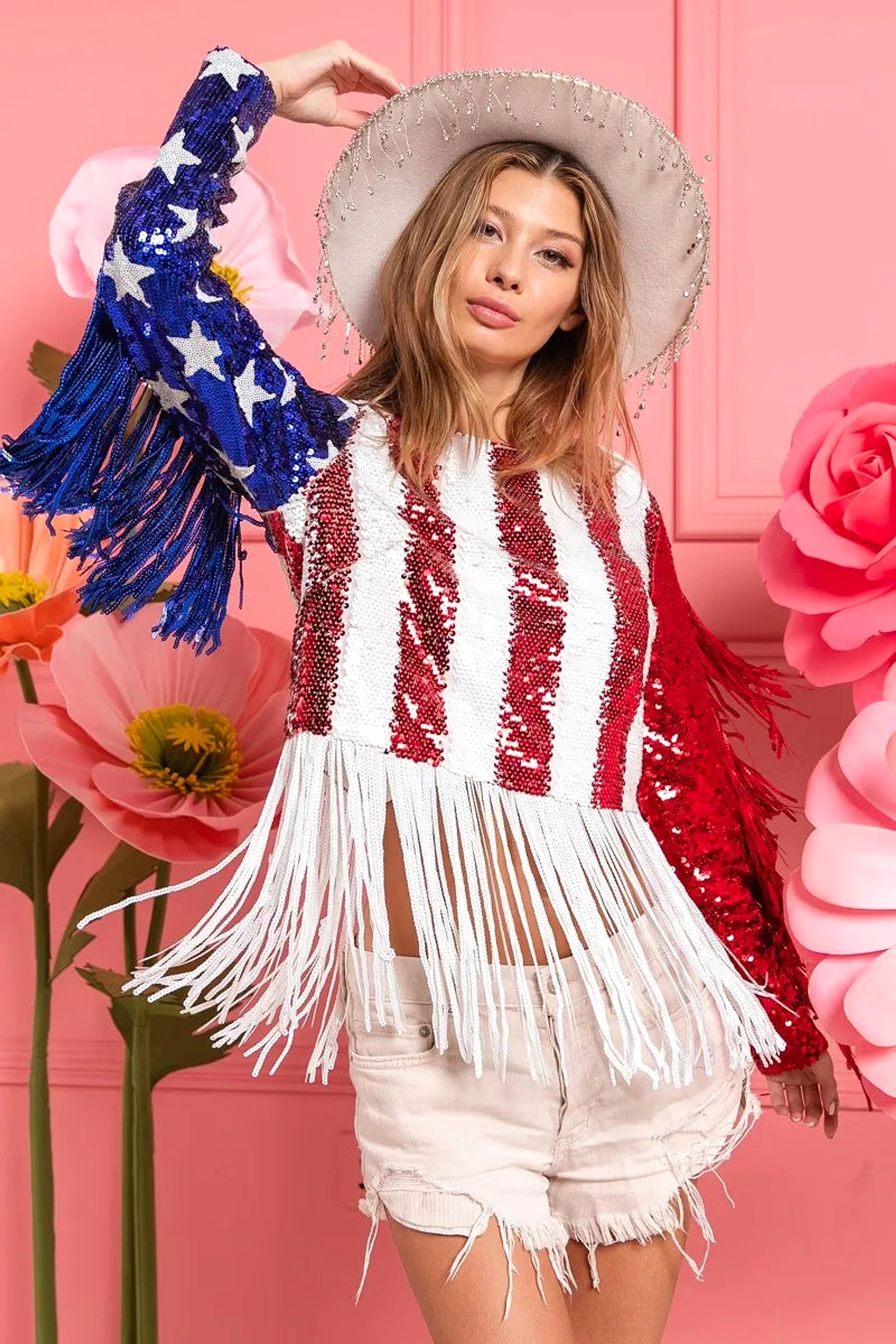 BiBi American Flag Theme Fringe Detailed Sequins Crop Top - enhanced image 9