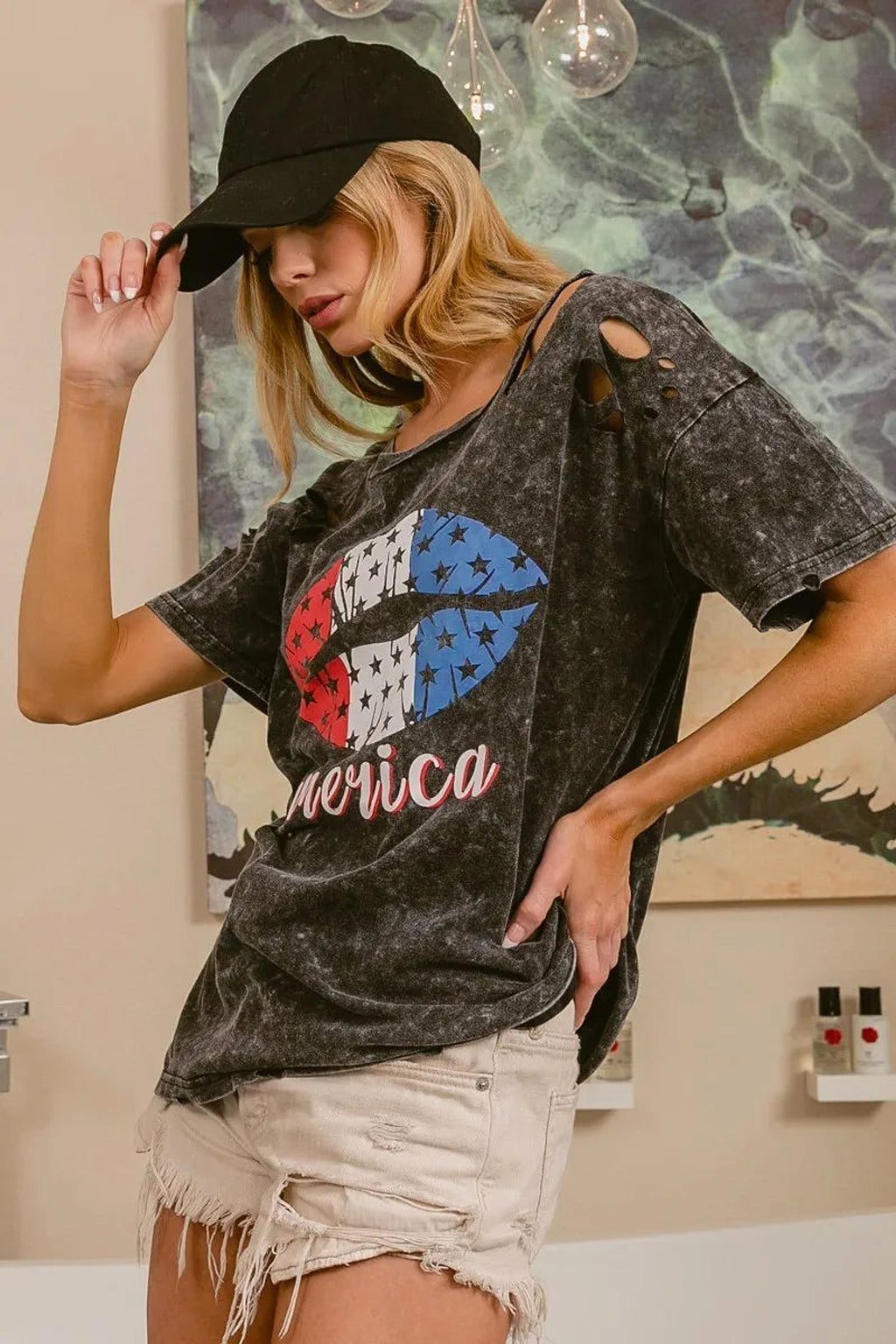 BiBi Laser Cut Mineral Washed Old Glory Lip Print Top - enhanced image 9