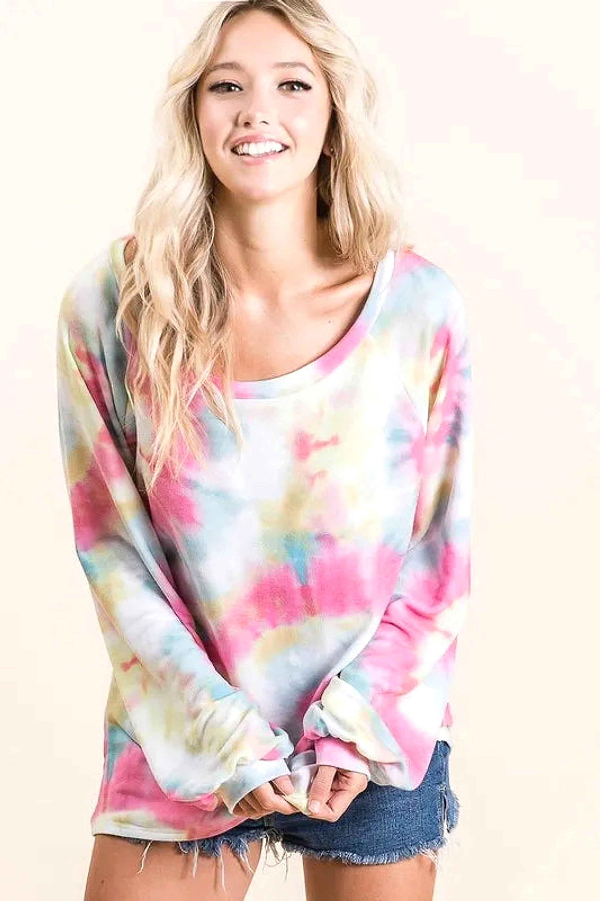 BiBi Tie Dye Print Terry Top With Puff Sleeves - enhanced image 9
