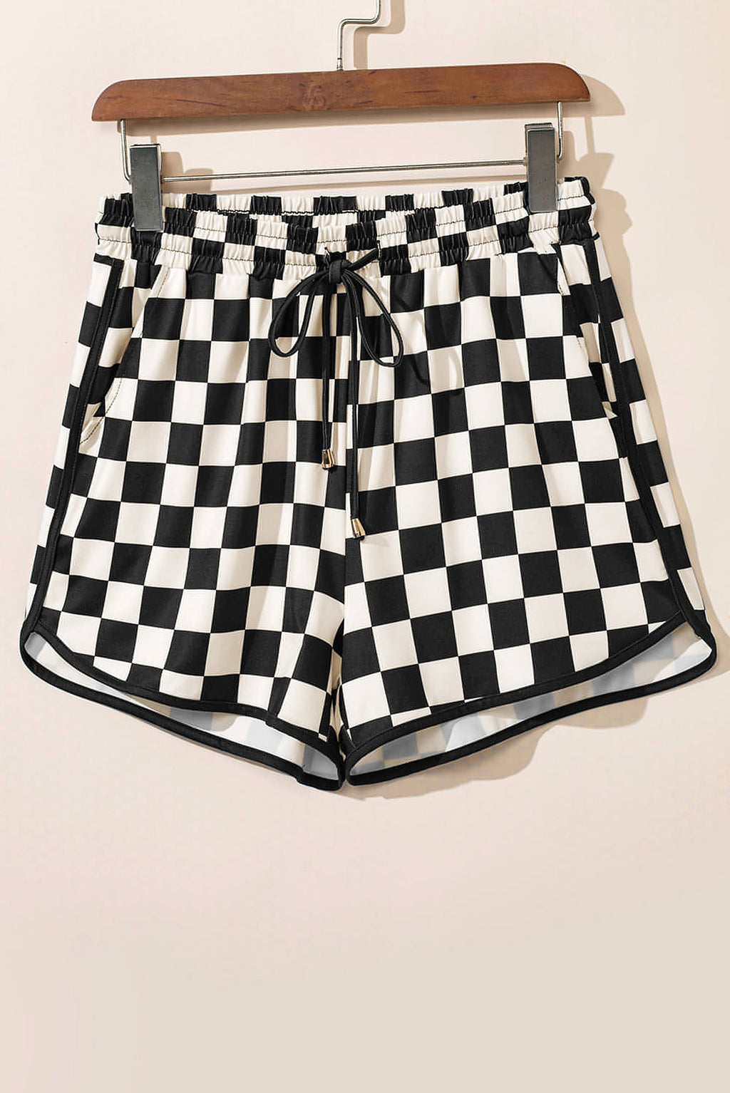 Black Checkered Drawstring Elastic Waist Casual Shorts. - enhanced image 9