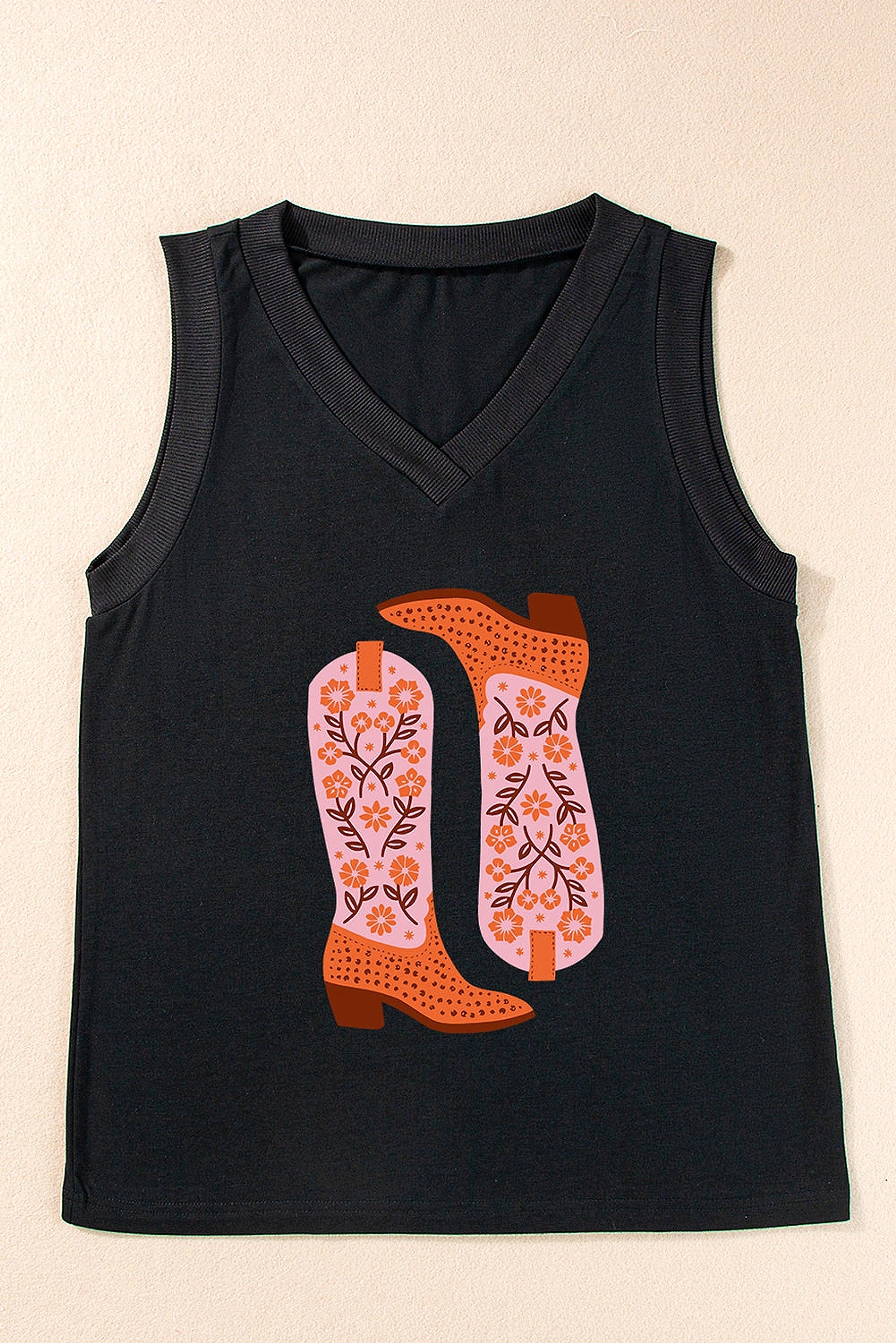 Black Cowgirl Floral Boots Printed Tank Top - enhanced image 9