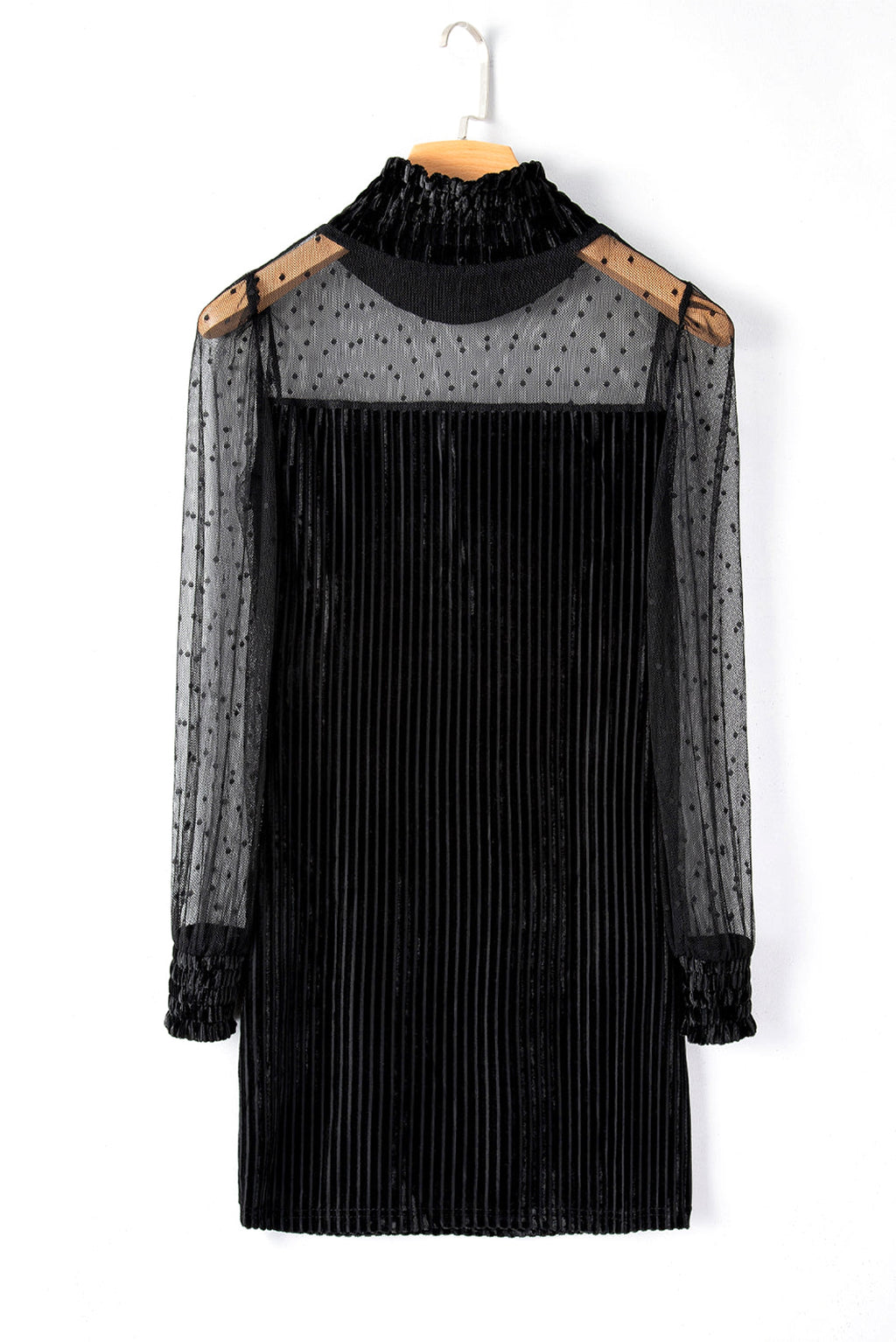 Black Dotted Mesh Striped Frilled Neck Bubble Sleeve Dress - enhanced image 9