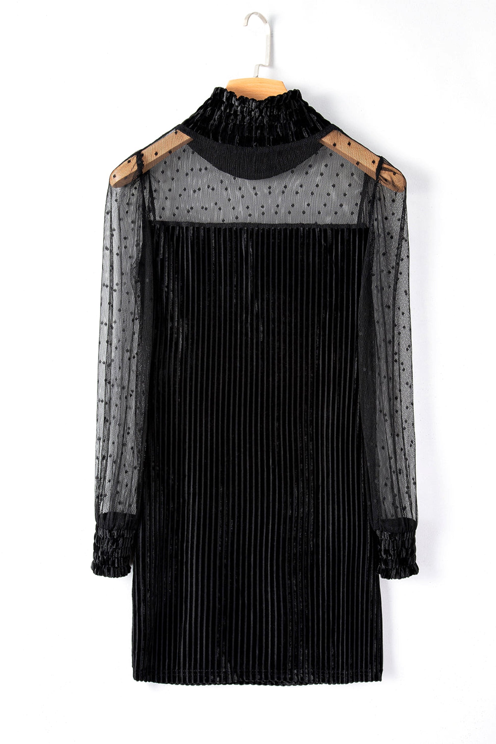 Black Dotted Mesh Striped Frilled Neck Bubble Sleeve Dress - enhanced image 9