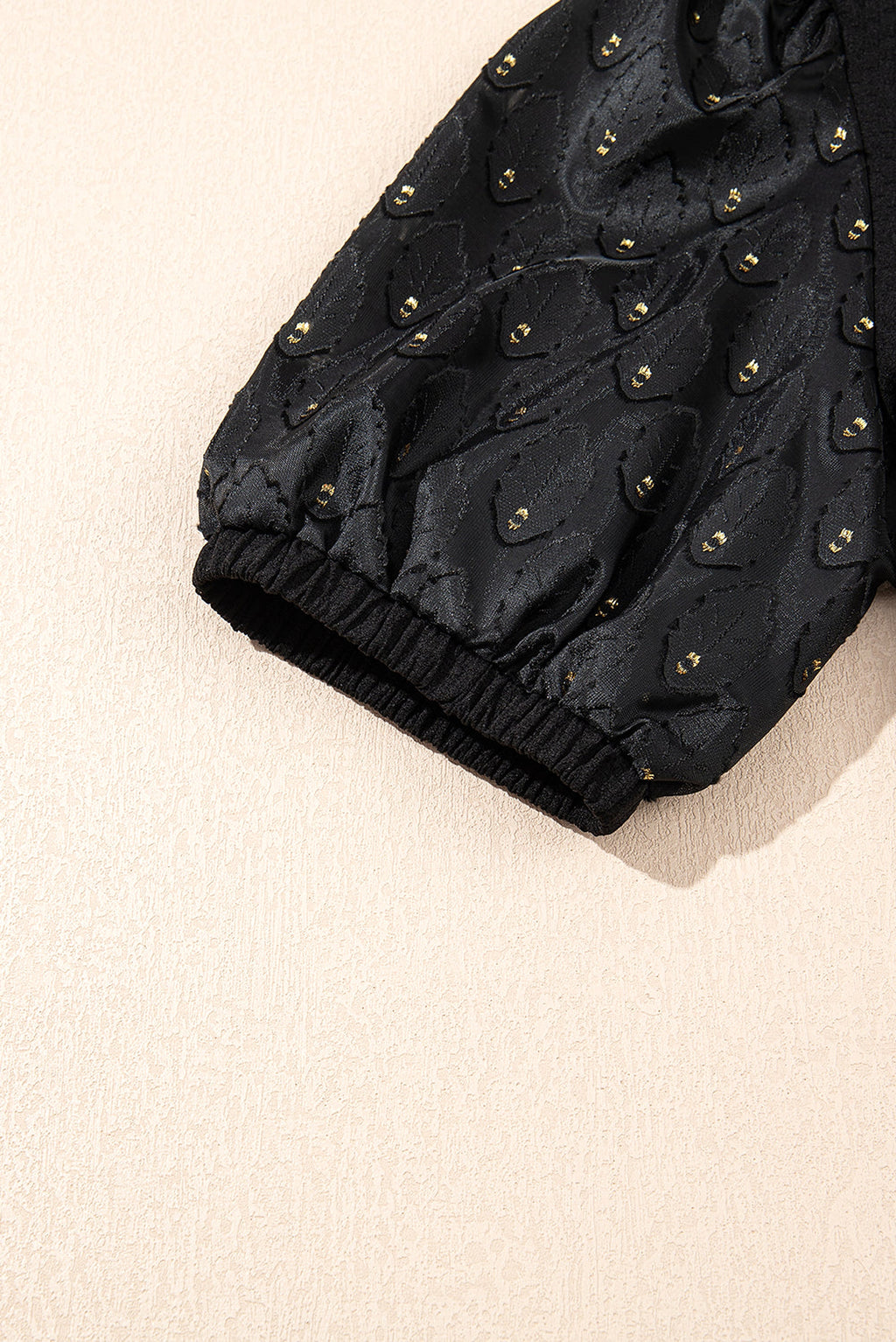 Black Feather Bubble Sleeve Patchwork Textured Blouse - enhanced image 9