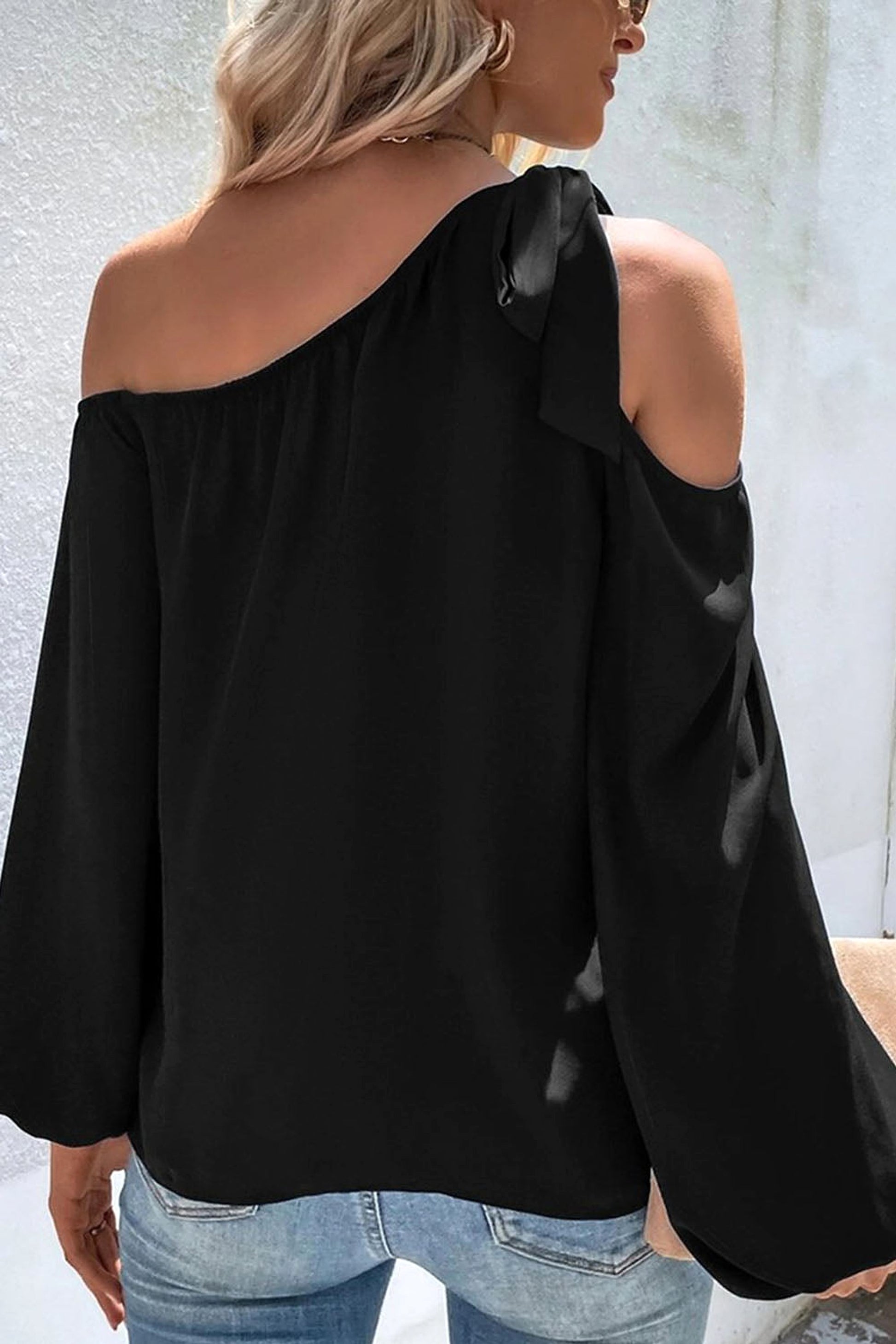 Black Knotted Asymmetric Off Shoulder Blouse - enhanced image 9