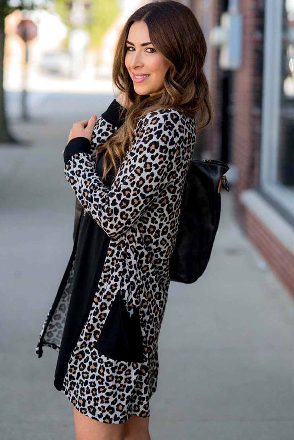 Black Leopard Patched Pocket Open Front Cardigan - enhanced image 9