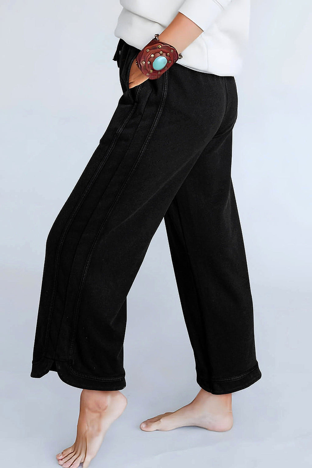 Black Mineral Wash Exposed Seam Wide Leg Pants - enhanced image 9