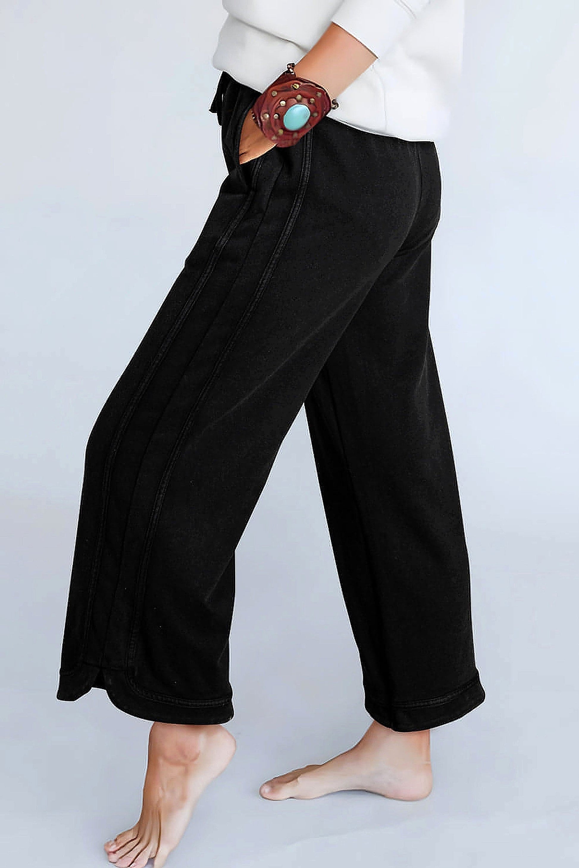 Black Mineral Wash Exposed Seam Wide Leg Pants - enhanced image 9