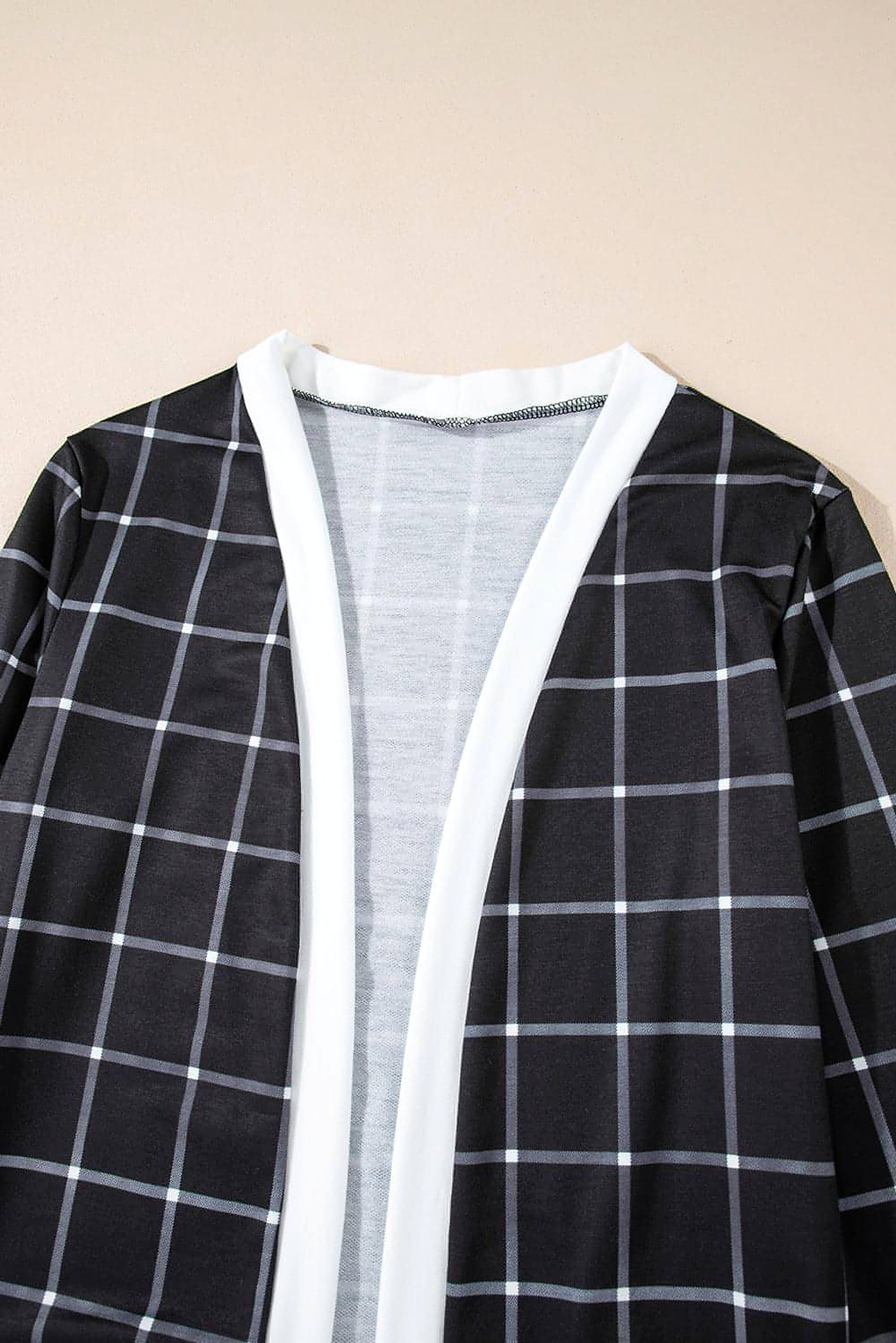 Black Plaid Colorblock Edge Open Cardigan with Pocket - enhanced image 9