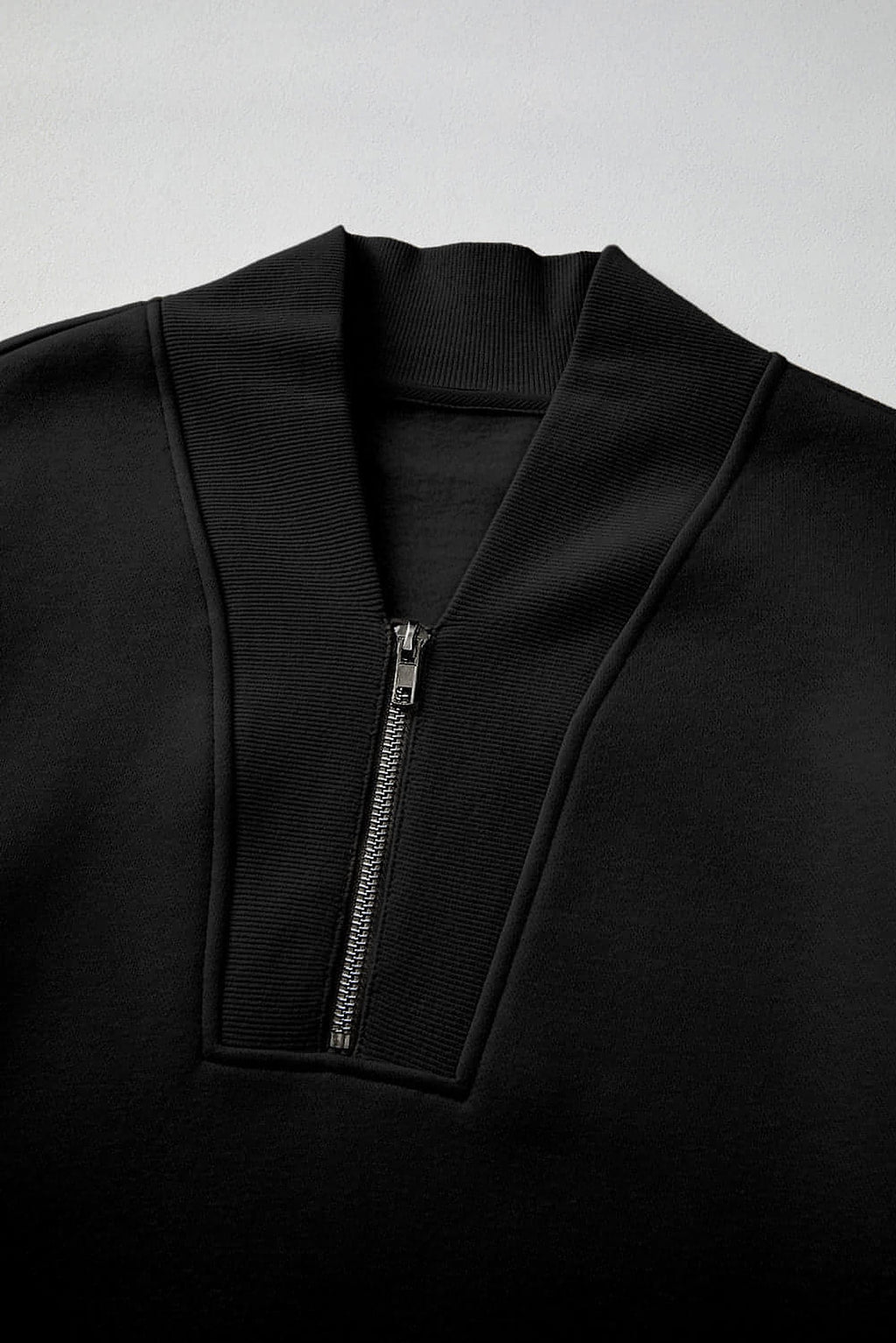 Black Plain Half Zip V Neck Ribbed Edge Loose Tracksuit - enhanced image 9