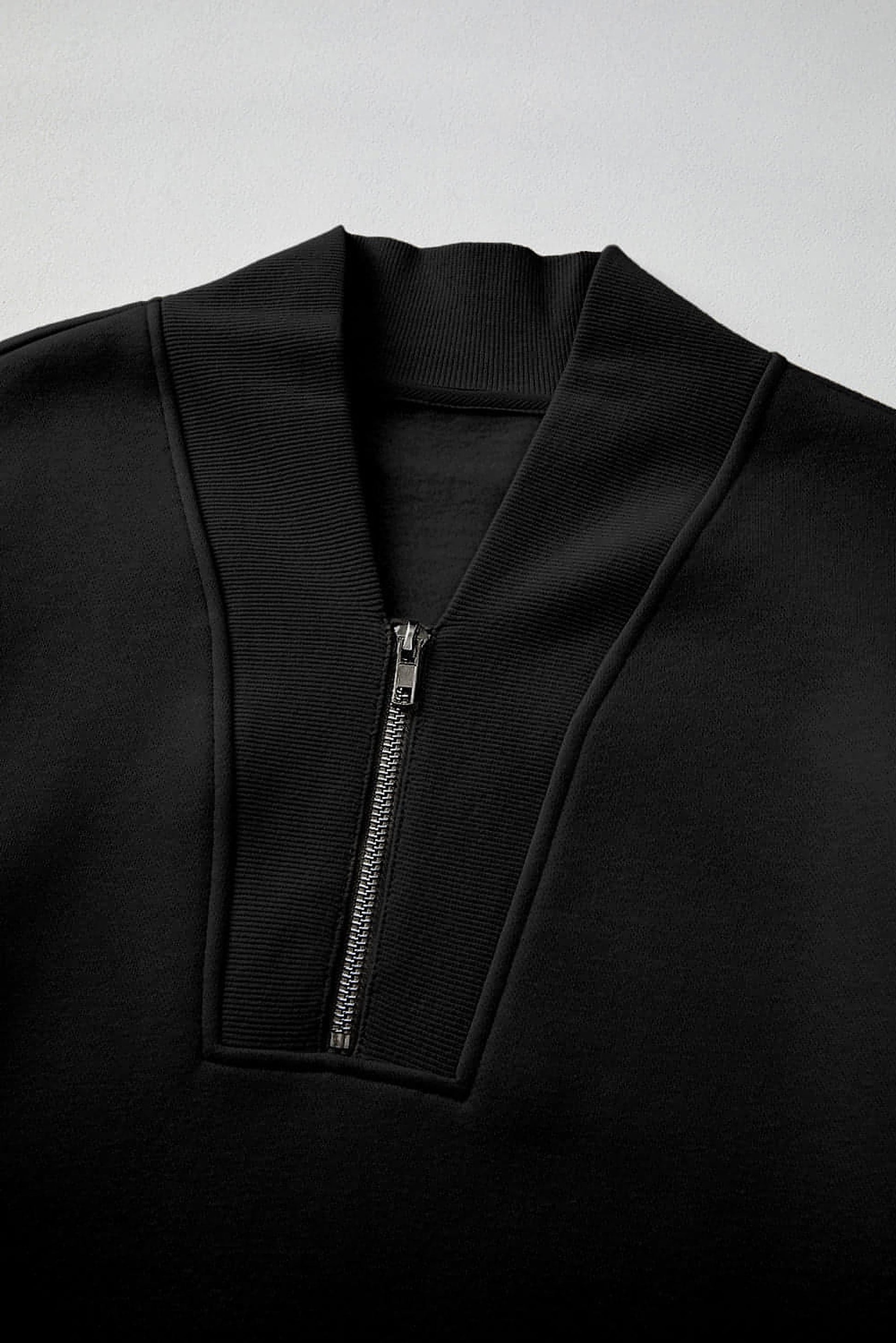 Black Plain Half Zip V Neck Ribbed Edge Loose Tracksuit - enhanced image 9