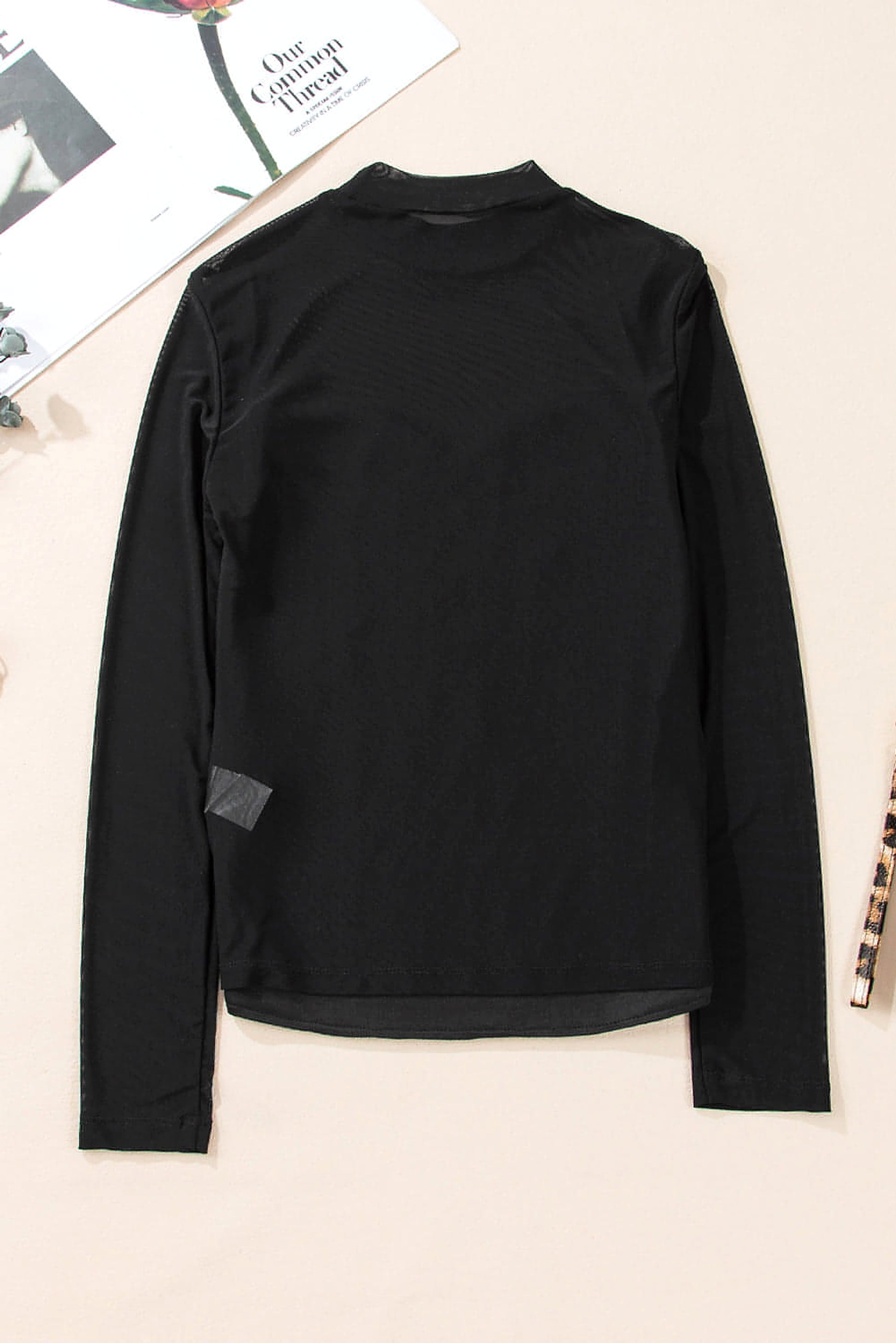 Black Sequin Velvet Sheer Mesh Mock Neck Blouse - enhanced image 9