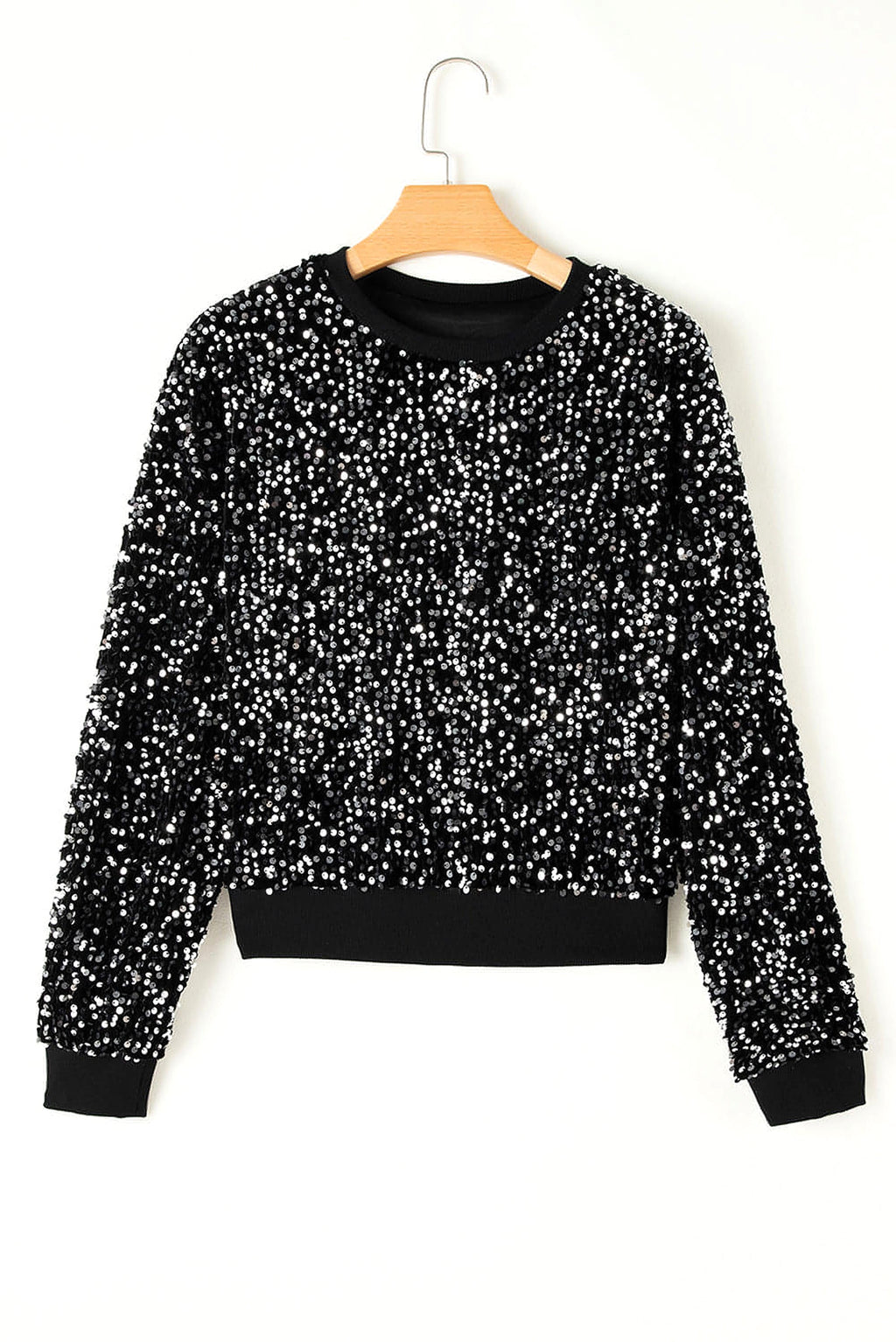 Black Sequined Long Sleeve Crew Neck Cropped Blouse - enhanced image 9