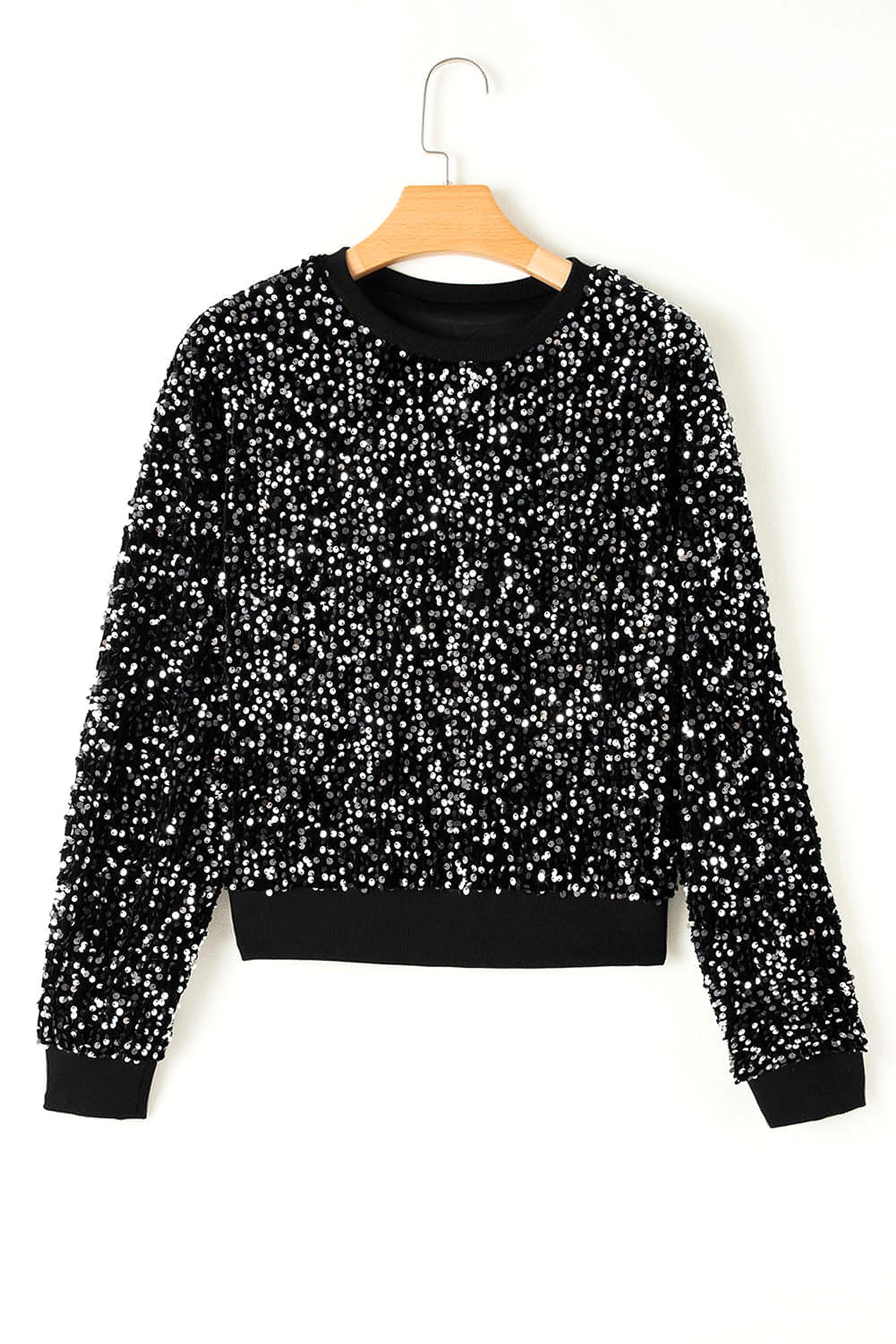 Black Sequined Long Sleeve Crew Neck Cropped Blouse - enhanced image 9