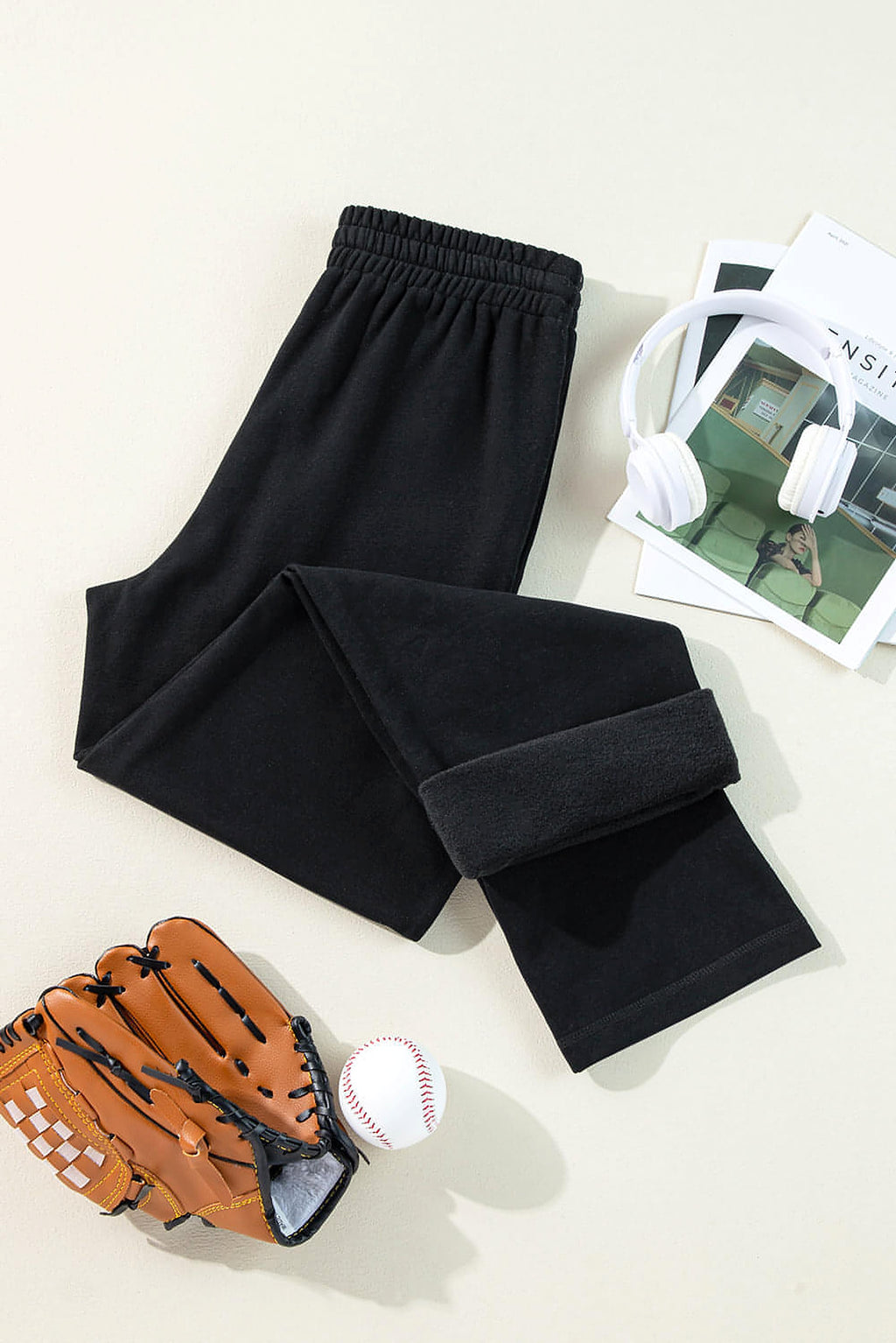 Black Solid Color Fleece Lined Drawstring Waist Casual Pants - enhanced image 9