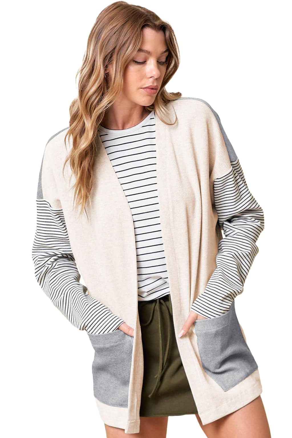 Black Stripe Colorblock Patchwork Open Front Cardigan with Pocket - enhanced image 9