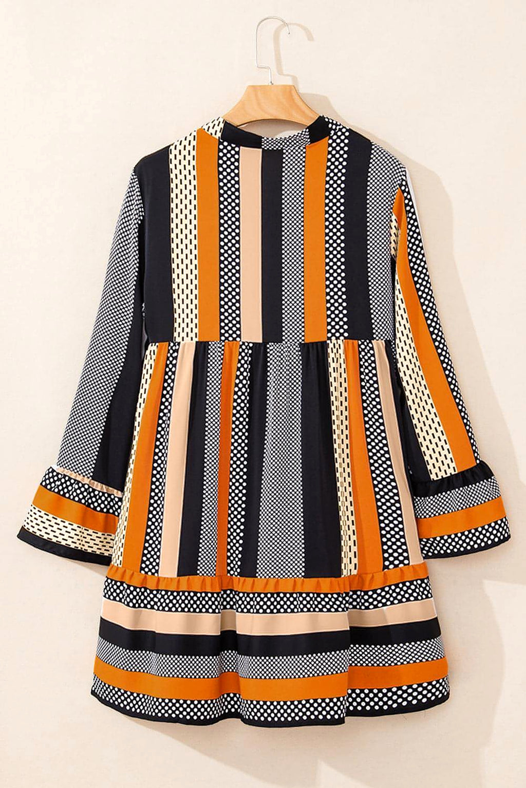 Black Striped Polka Dot Print Ruffled Hem V Neck Mini Dress - enhanced image 9