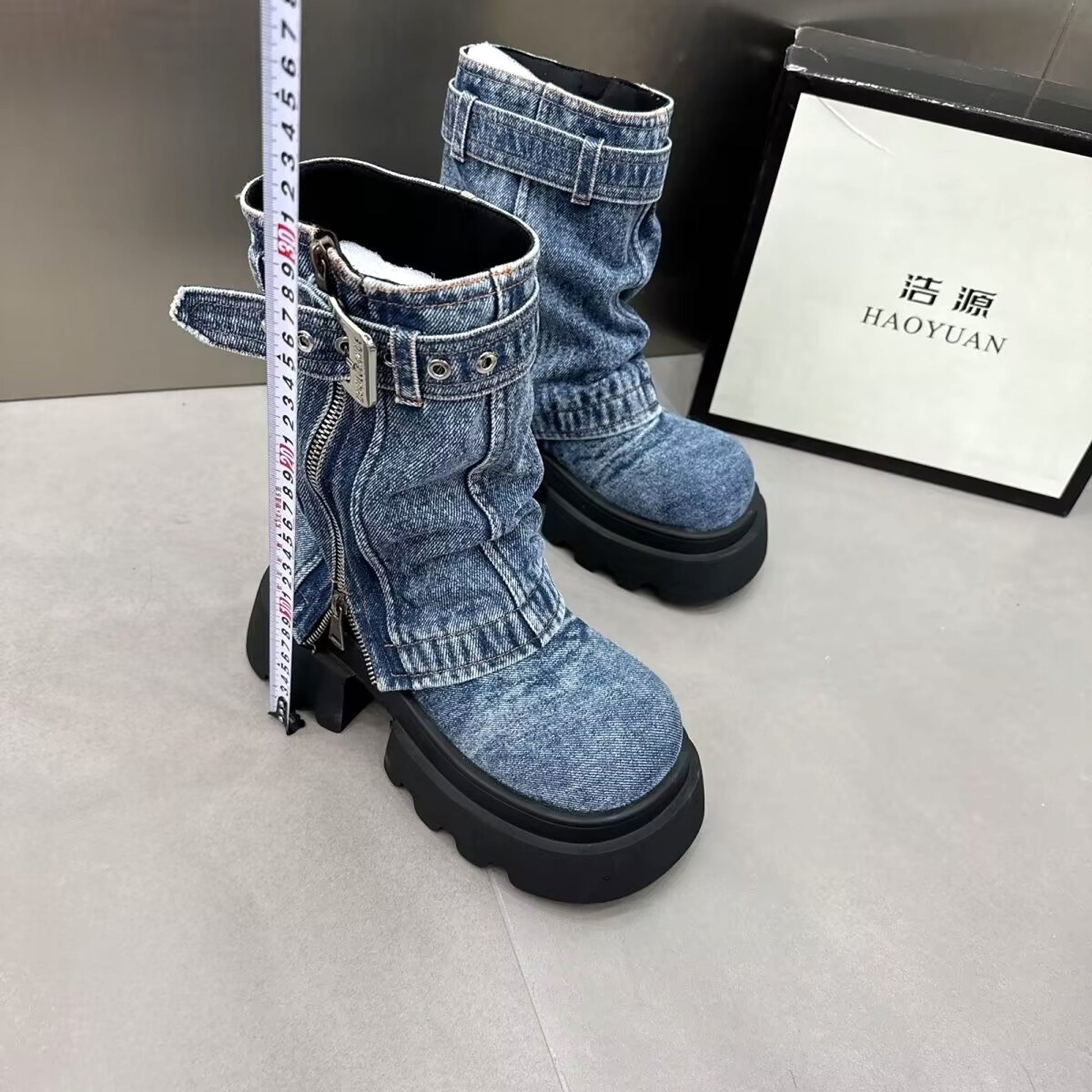 Boots Denim Fake Two Pieces Pile Style Boots Motorcycle Boots - enhanced image 9