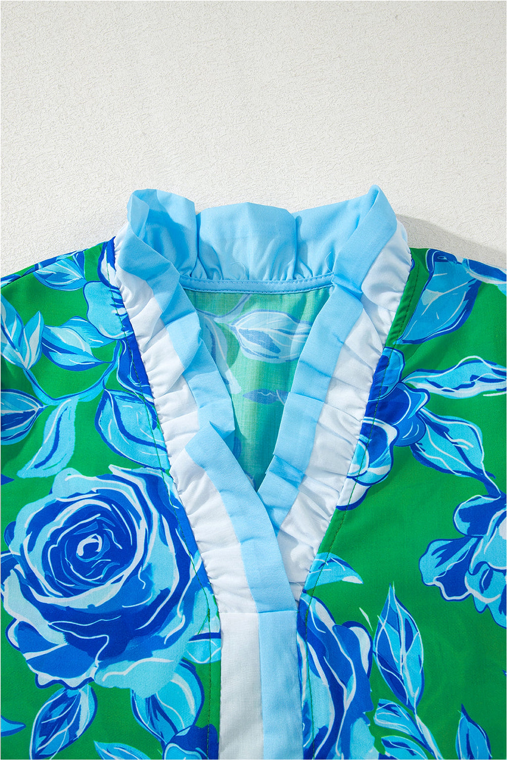 Bright Green Floral Frilled V Neck Short Sleeve Blouse Top - enhanced image 9