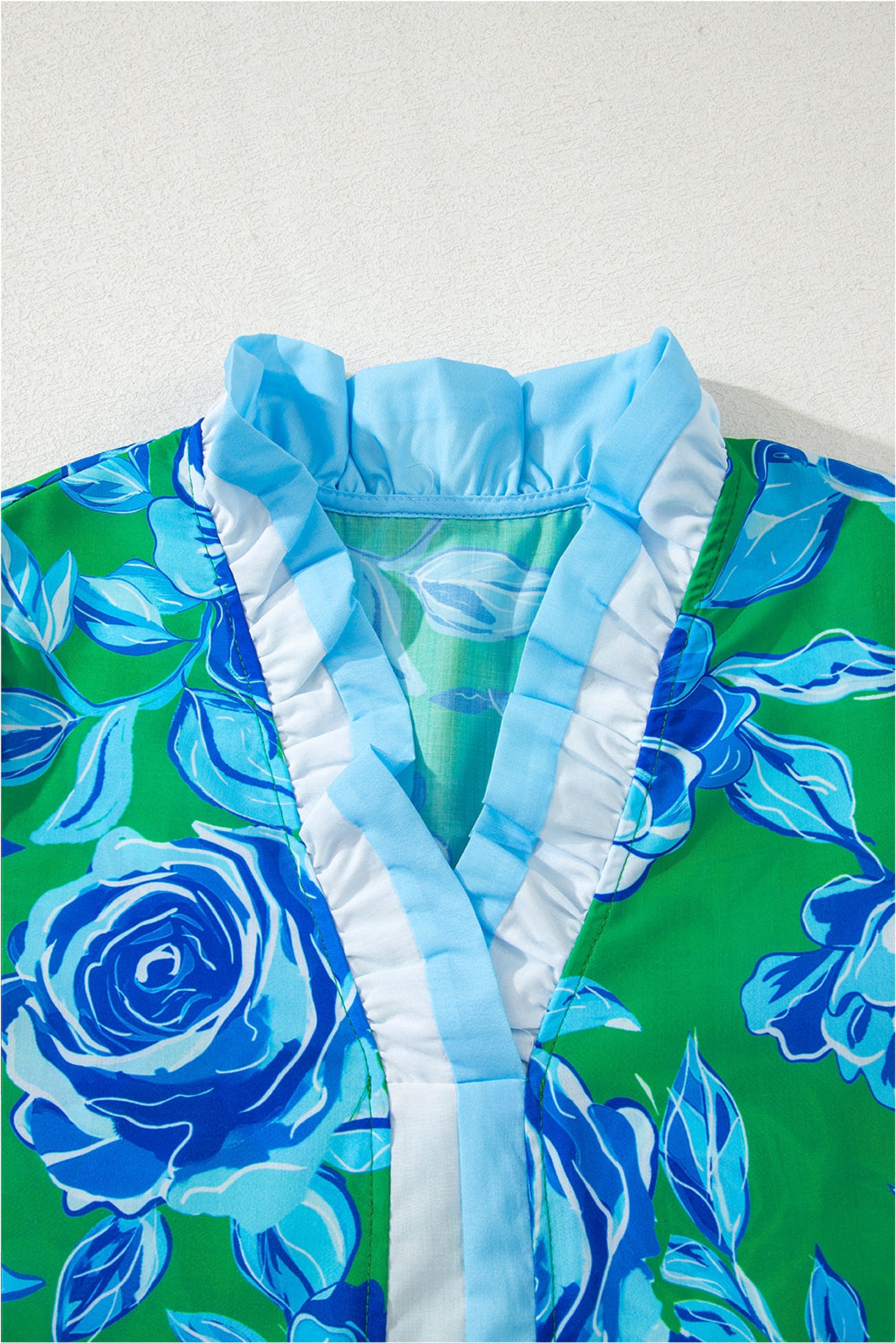 Bright Green Floral Frilled V Neck Short Sleeve Blouse Top - enhanced image 9