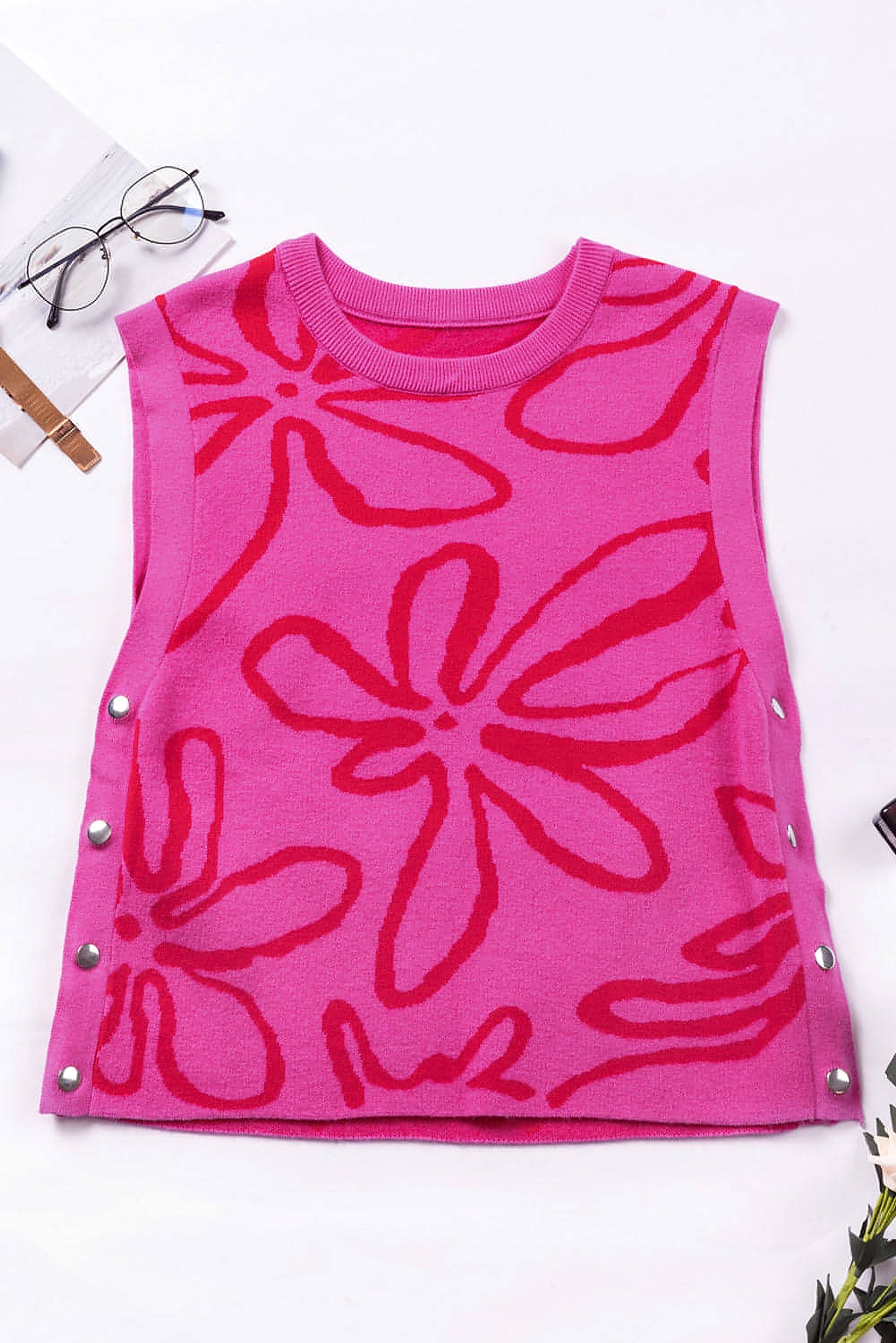 Bright Pink Button Sides Sleeveless Floral Knitted Top - enhanced image 9