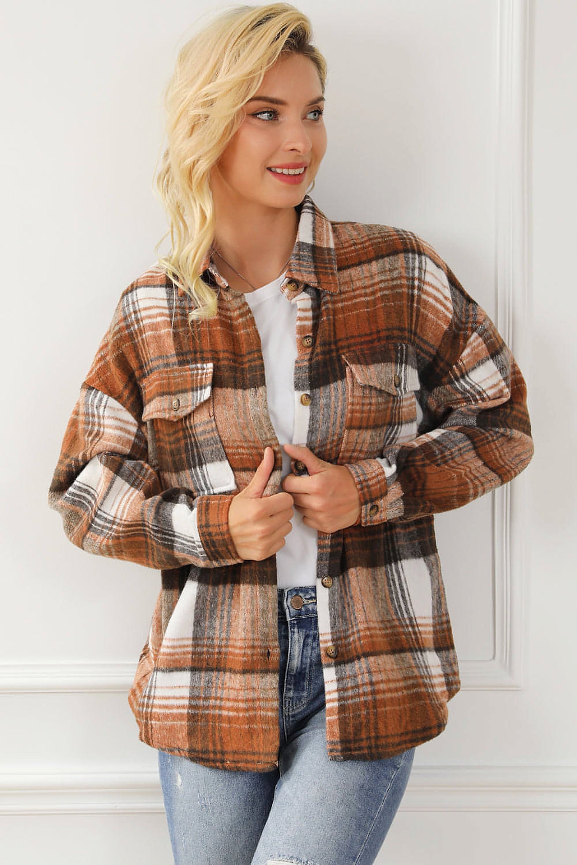 Brown Plaid Flap Pockets Shacket - enhanced image 9