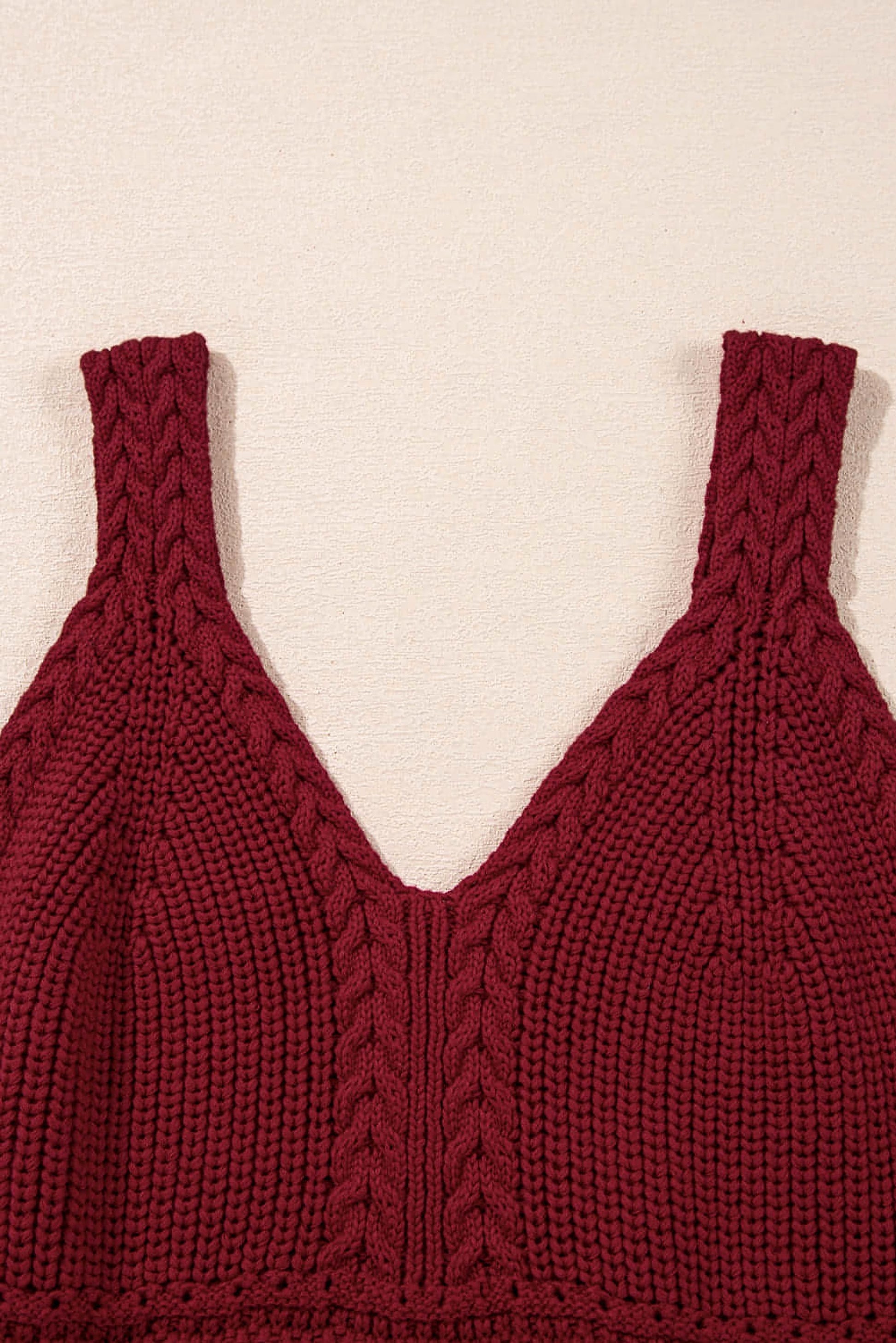 Burgundy Cable Knit Pointelle Slim Fit V Neck Sweater Vest - enhanced image 9