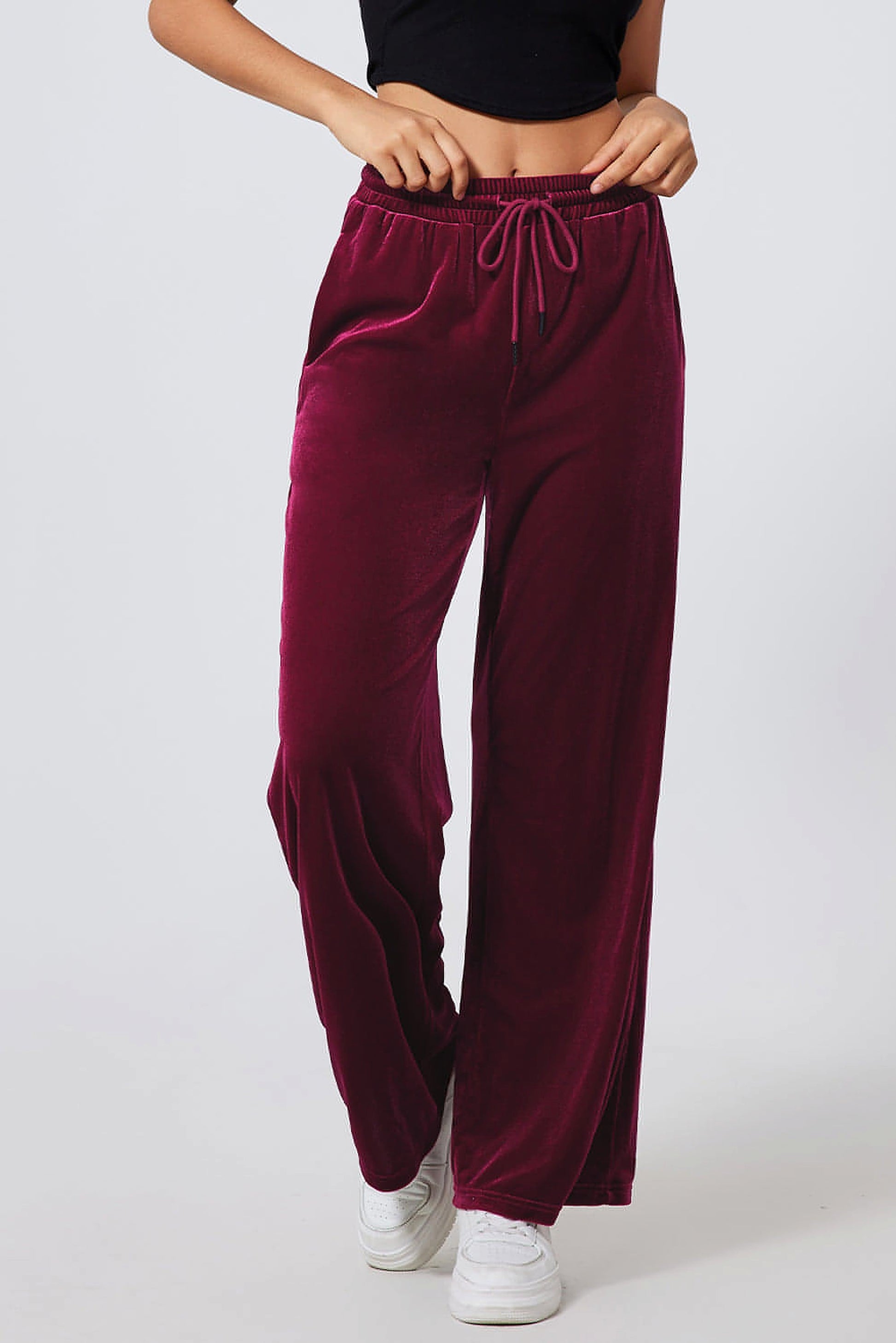 Burgundy Solid Drawstring Waist Wide Leg Pants - enhanced image 9