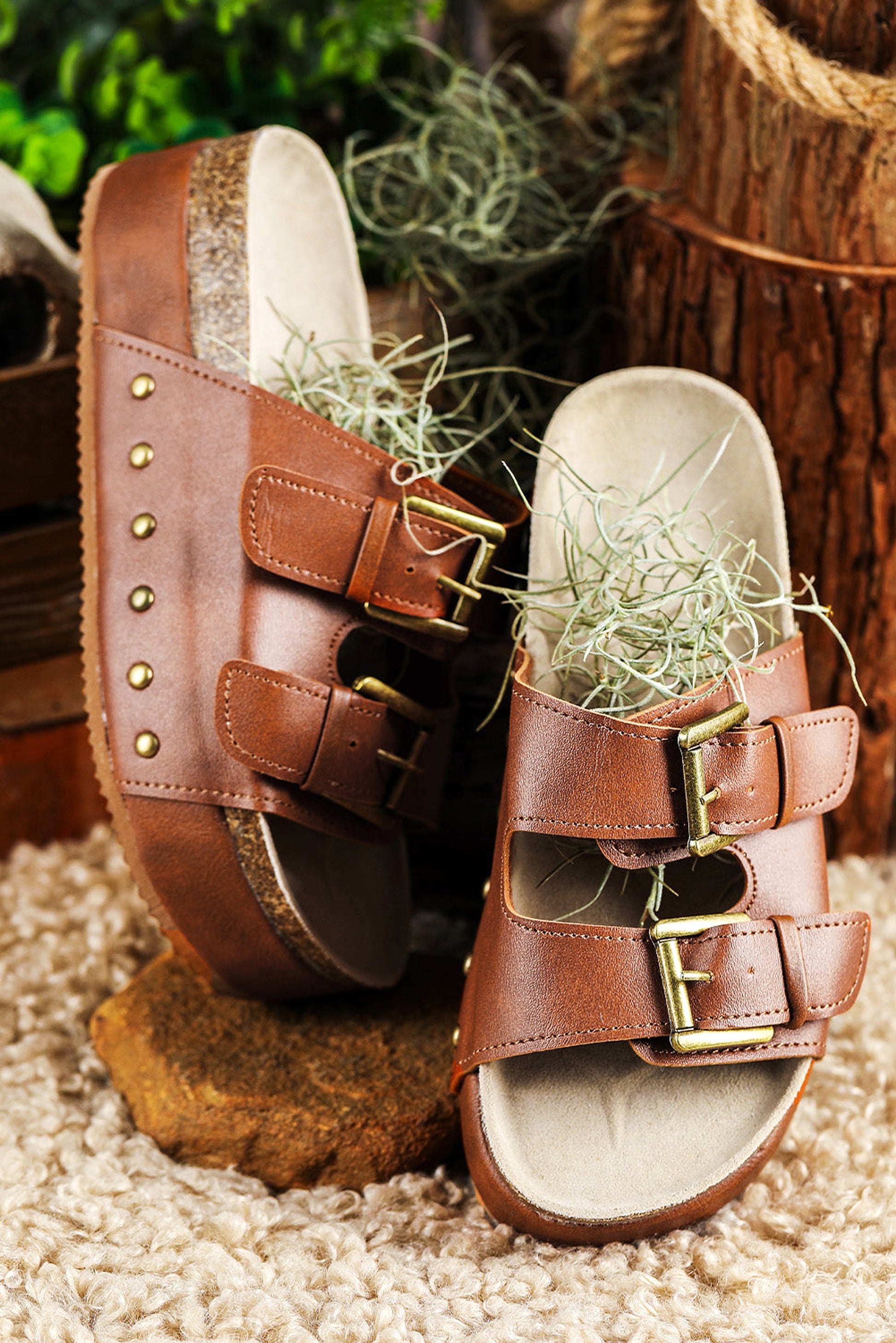Chestnut Dual Buckle Studded Platform Sandal Slippers - enhanced image 9