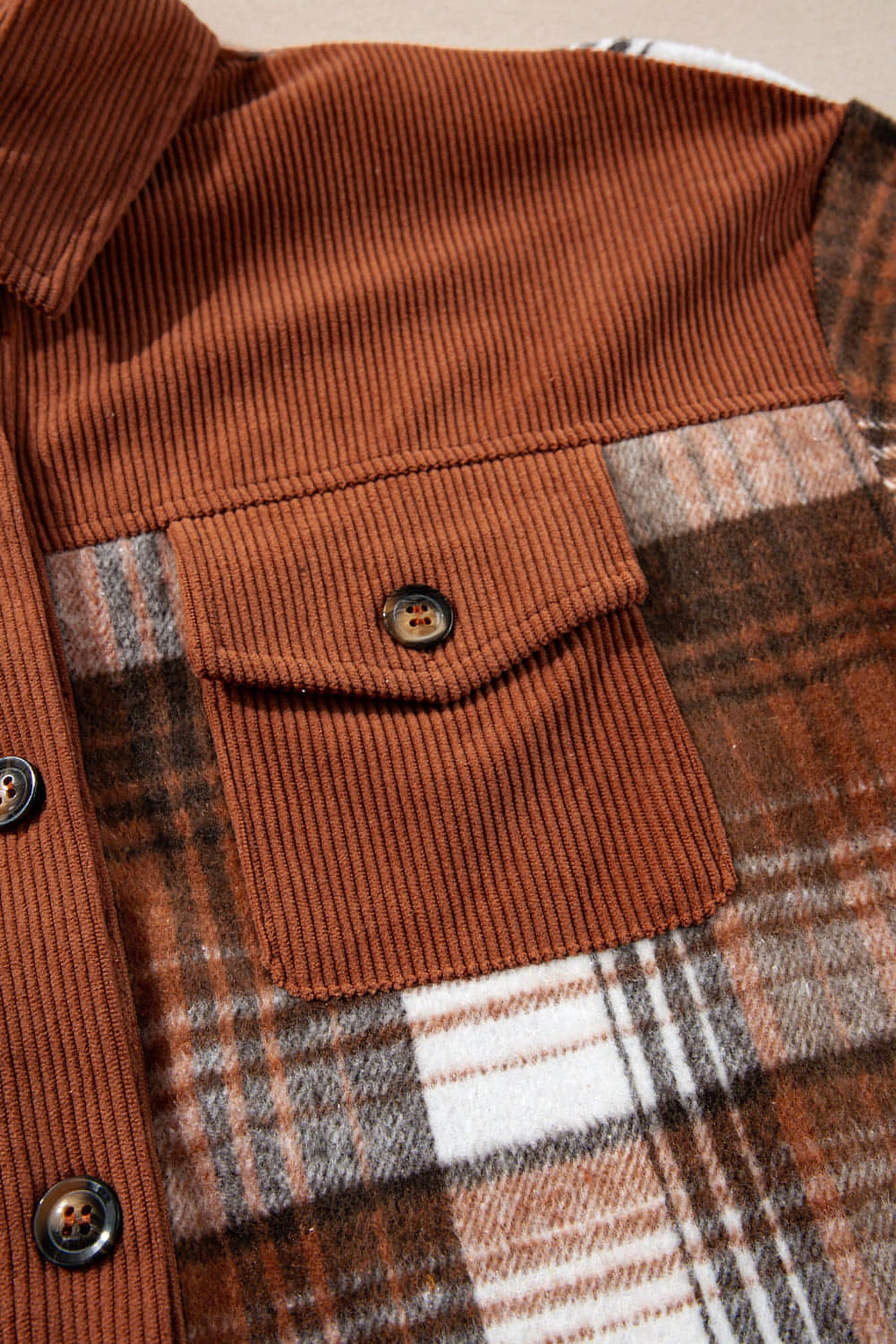 Cinnamon Plaid Corduroy Patchwork Chest Pocket Shacket - enhanced image 9