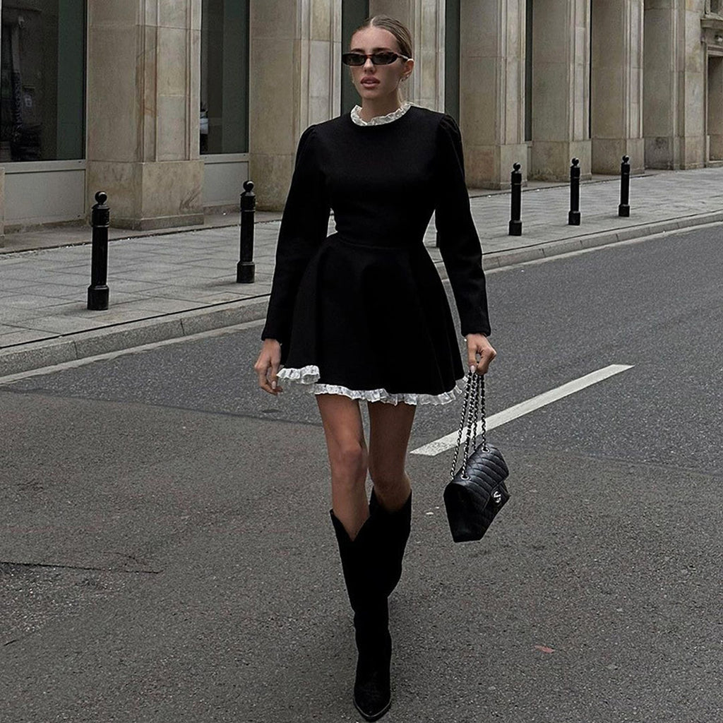 A1. Contrast Color Fungus Long Sleeve A- Line Dress Women - enhanced image 9