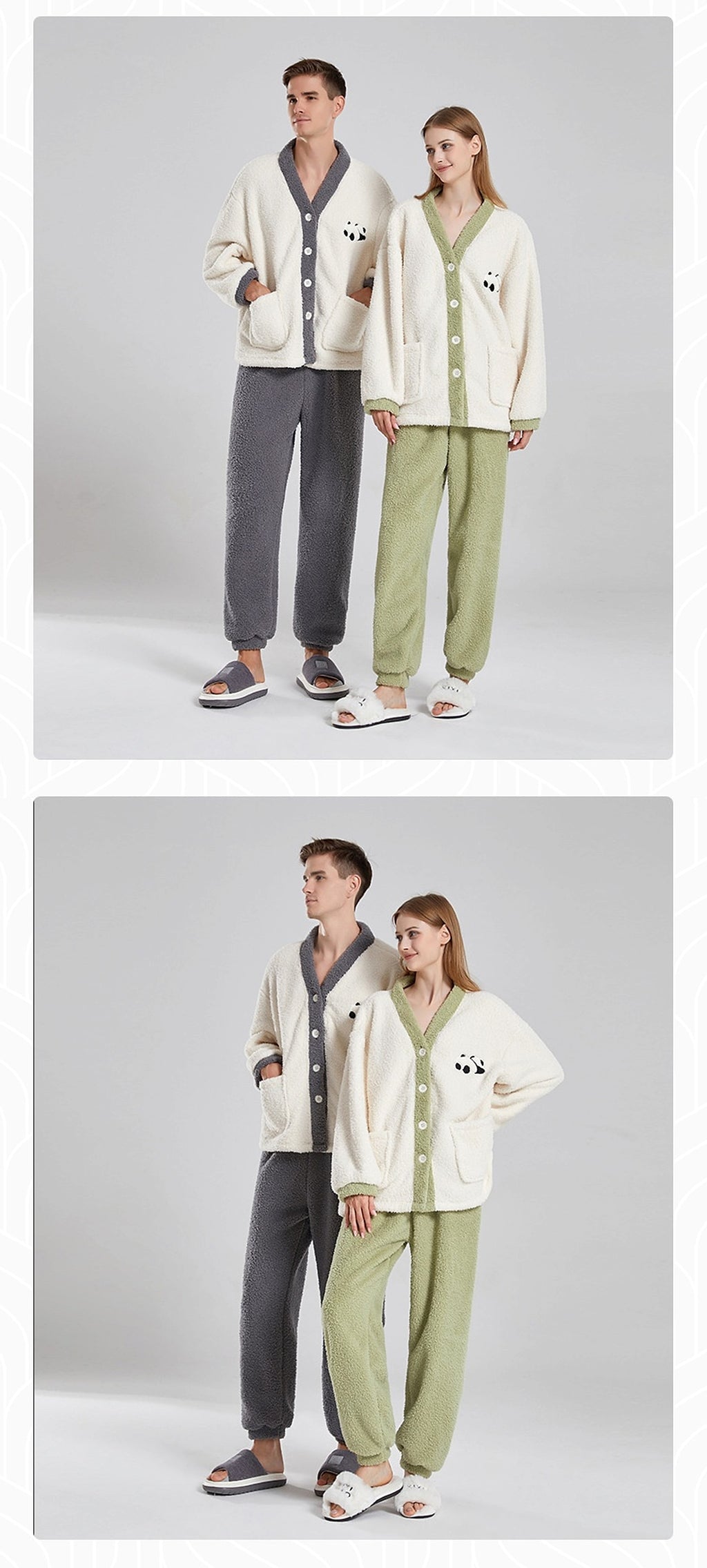 Couple Pajamas Women Winter Coral Fleece Thickened Casual Clothes Half Velvet Cartoon Panda Couple Pajamas Suit - enhanced image 9