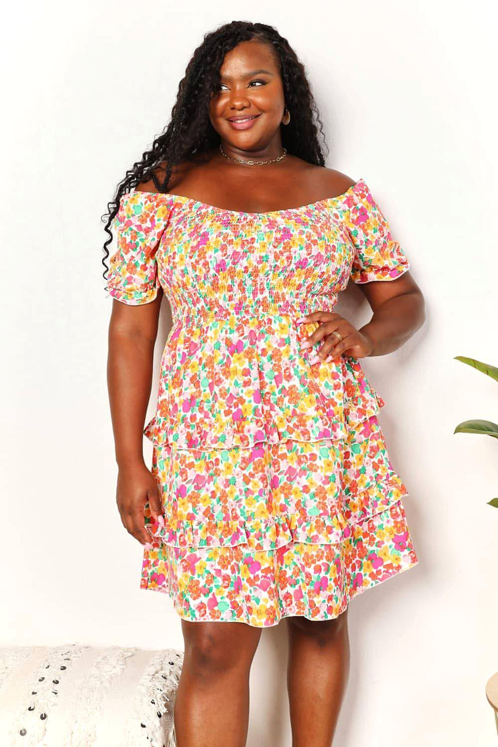 Devine Smocked Sweetheart Neck Flounce Sleeve Mini Dress - enhanced image 9