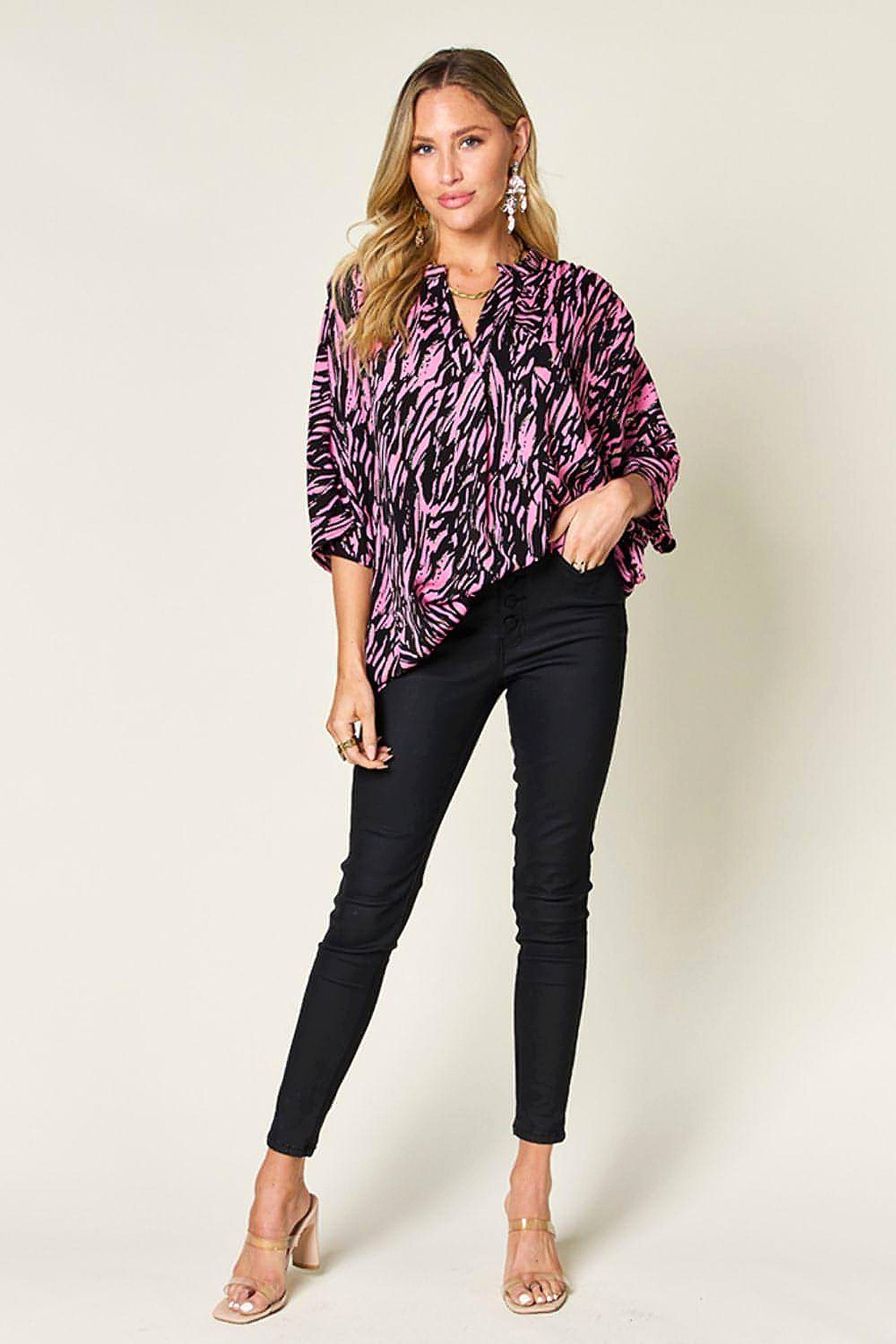 Double Take Full Size Printed Notched Three-Quarter Sleeve Blouse - enhanced image 9