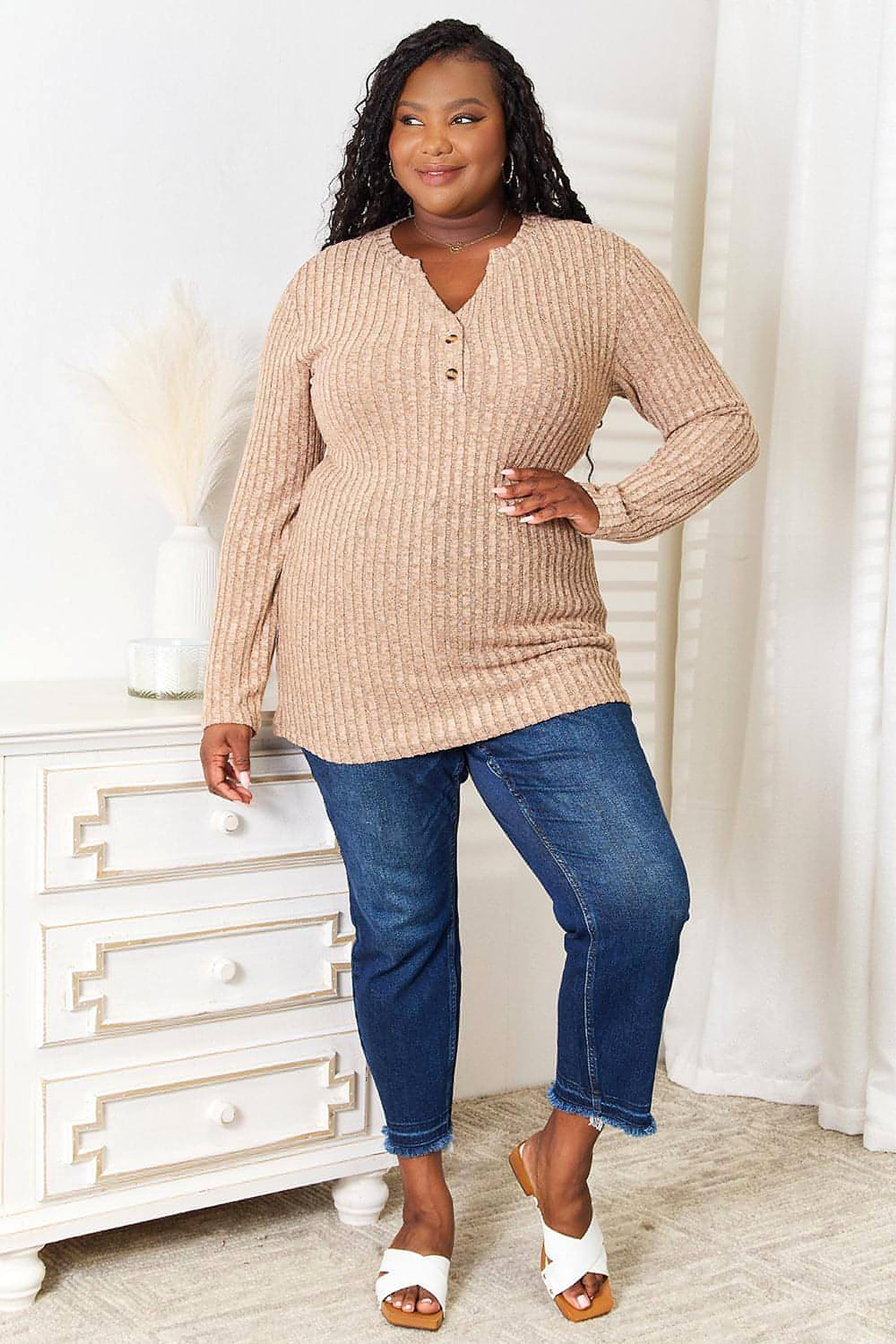 Double Take Notched Neck Ribbed Long Sleeve T-Shirt - enhanced image 9