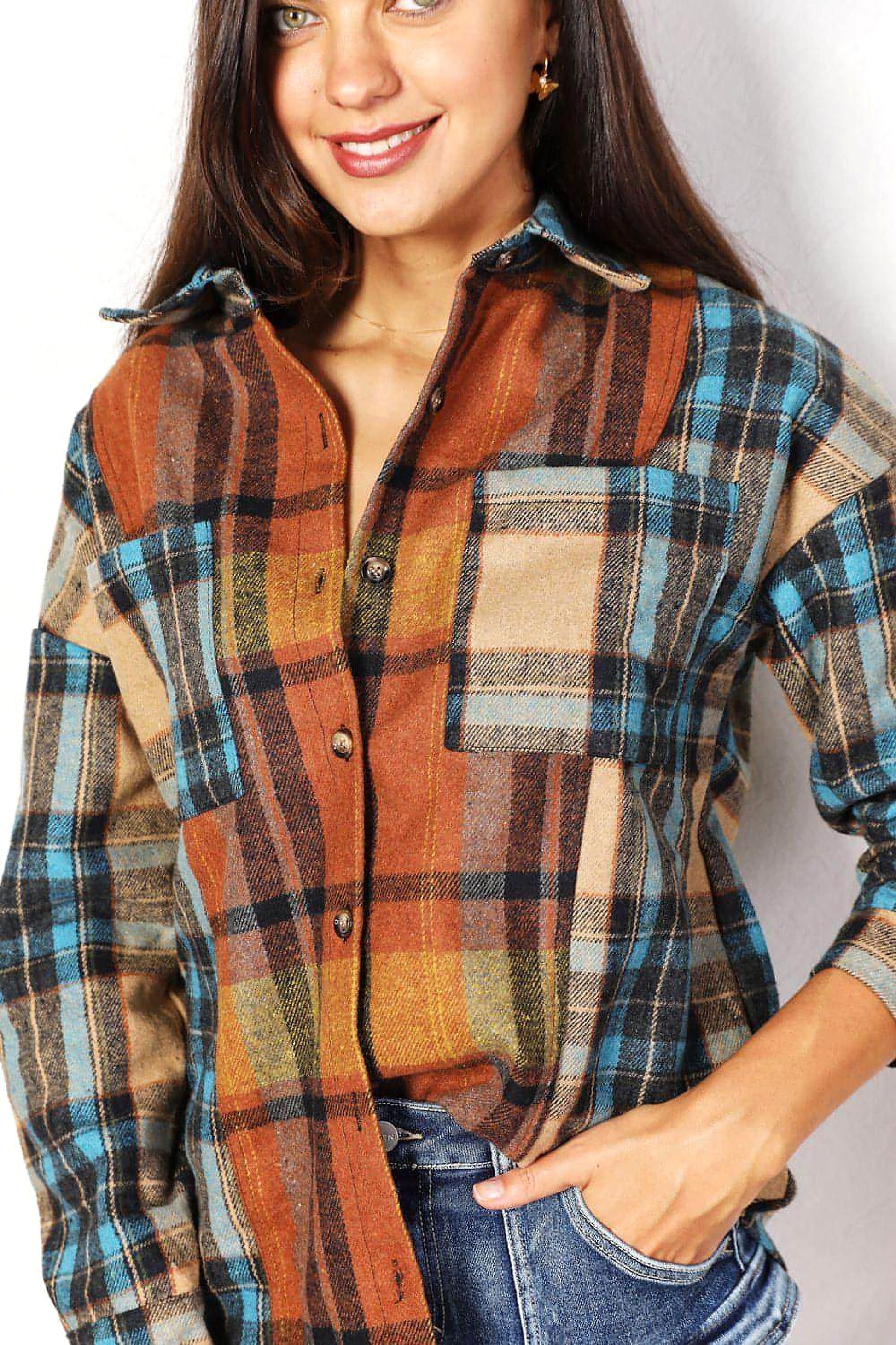 Double Take Plaid Curved Hem Shirt Jacket with Breast Pockets - enhanced image 9