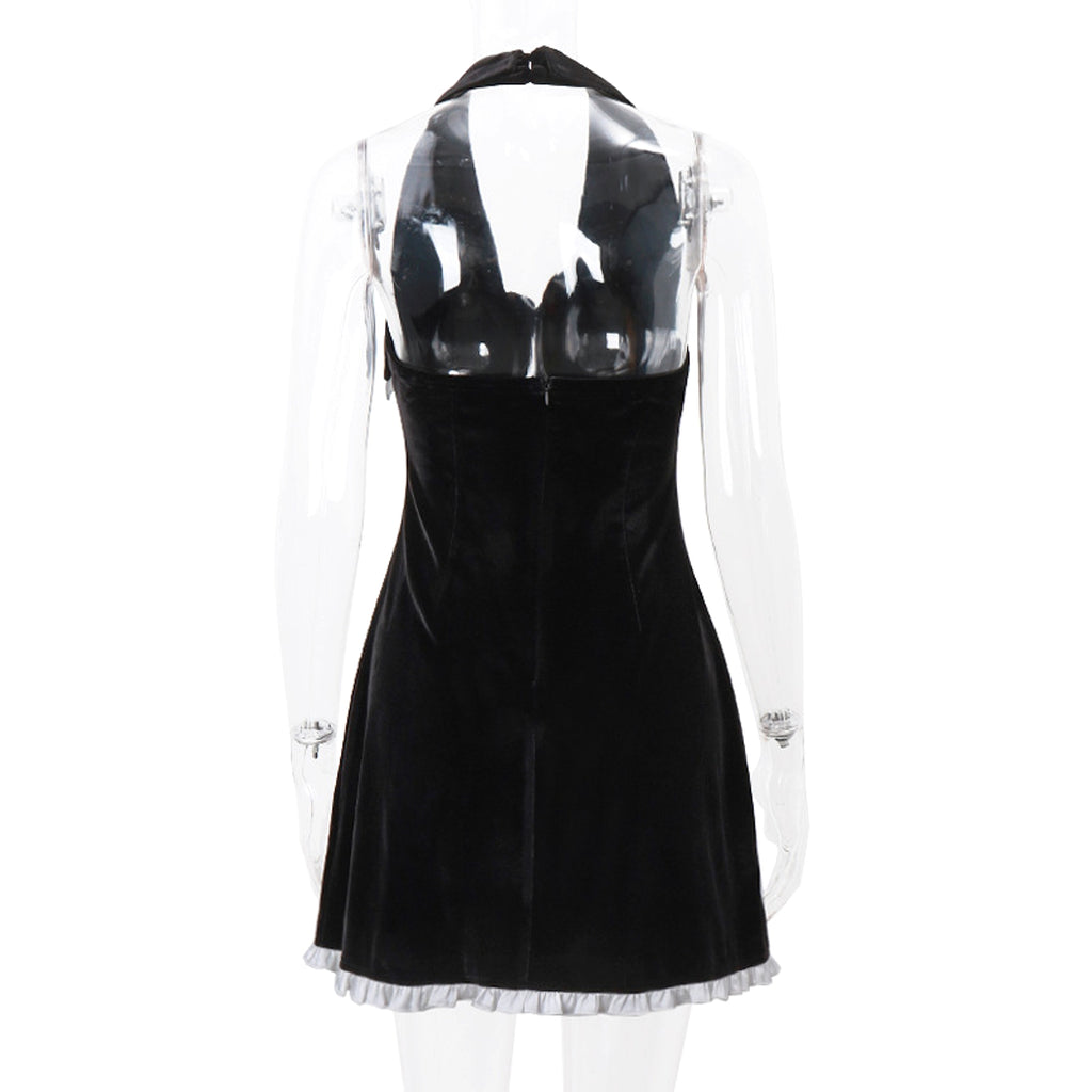 Flounce Trim Lace Up Backless Suede Slim-fit Halter Dress Women - enhanced image 9