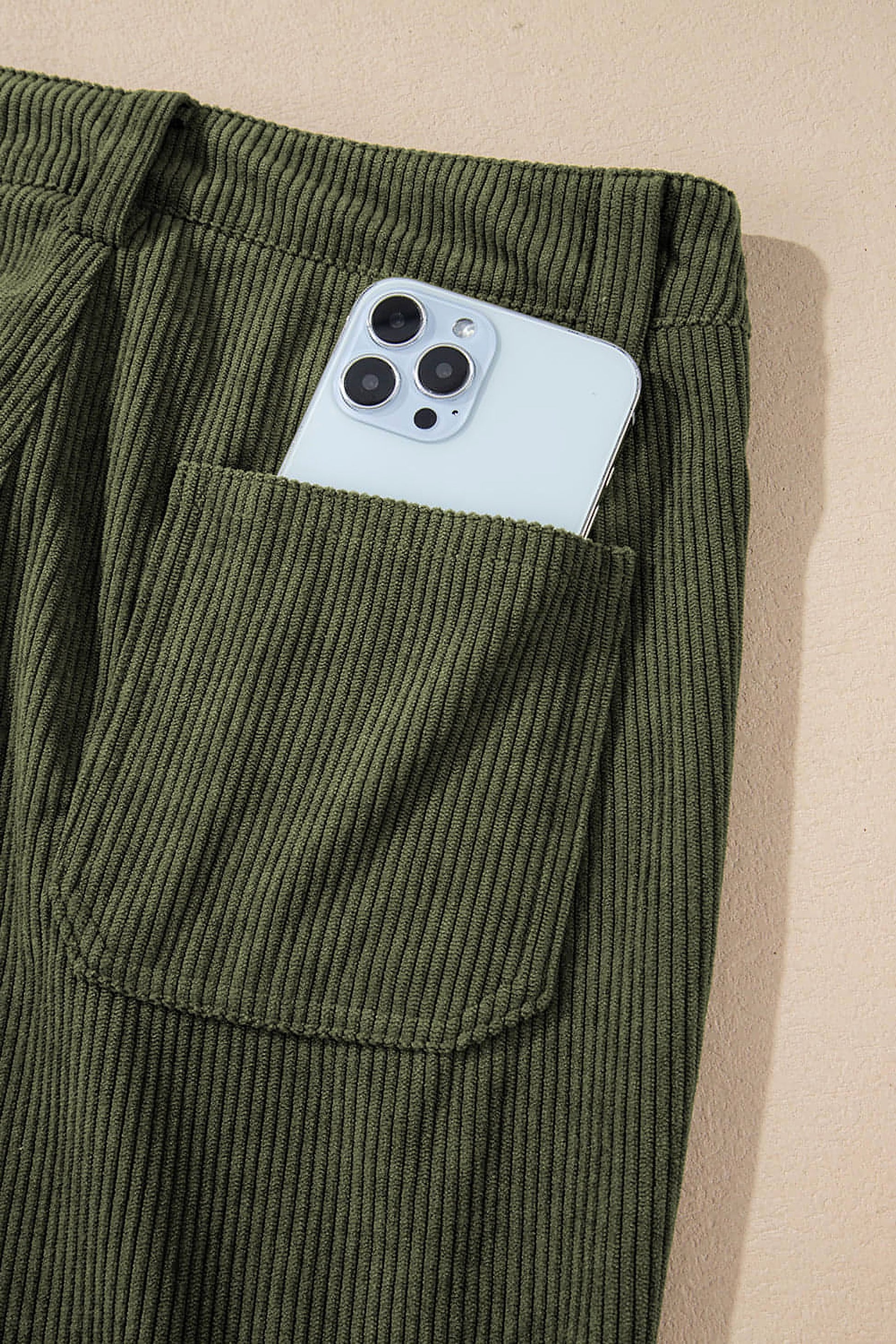 Green High Waist Square Pockets Corduroy Pants - enhanced image 9