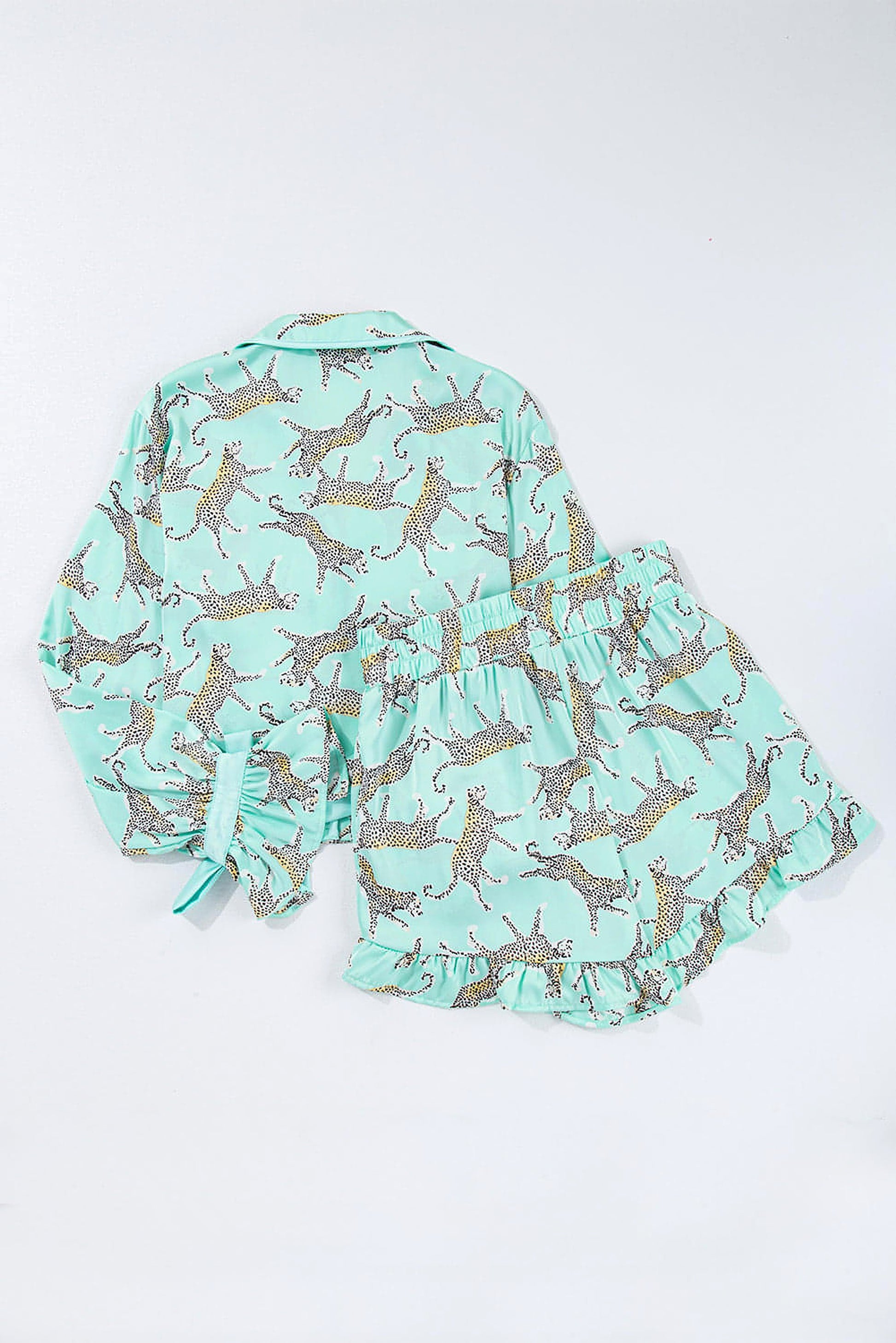Green Leopard Satin Ruffle Pajama Short Set - enhanced image 9