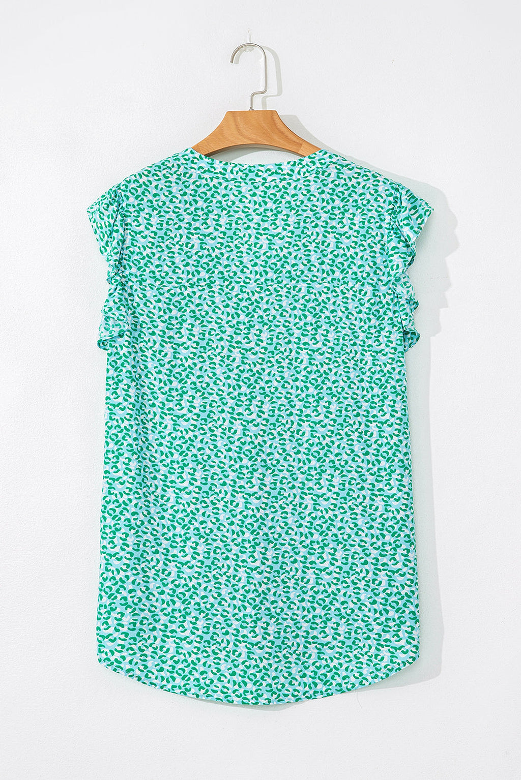 Green Notched V Neck Leopard Ruffle Short Sleeve Blouse - enhanced image 9
