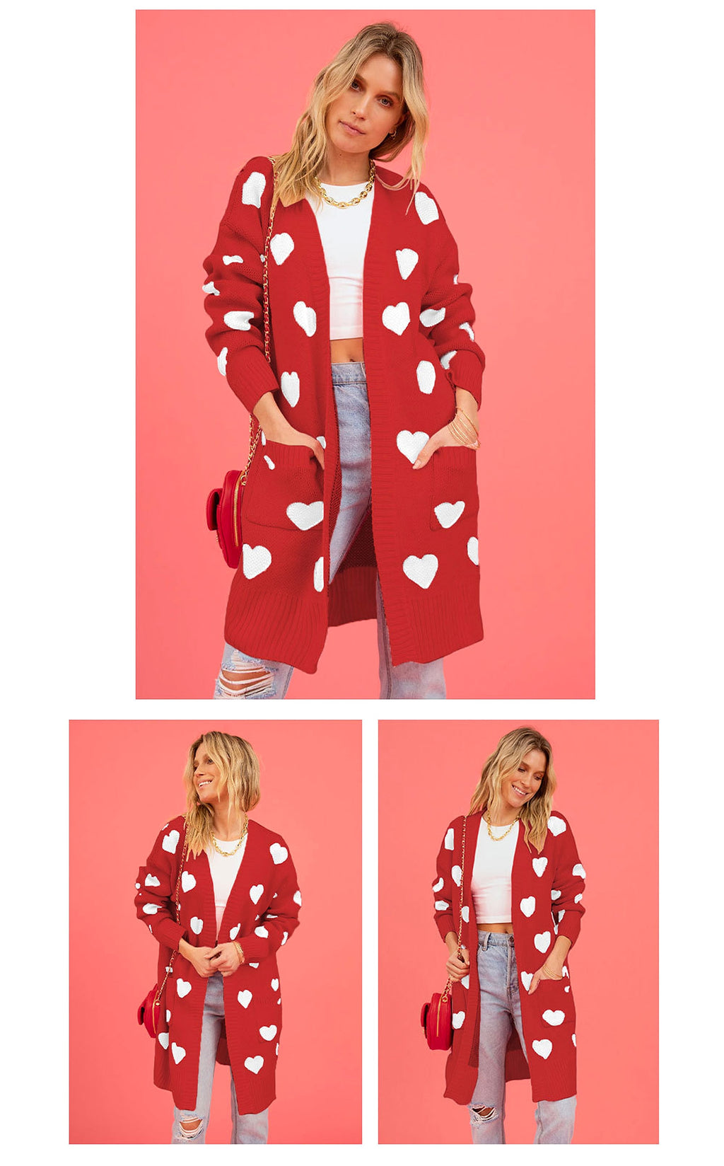 Heart Knitted Cardigan Love Pocket V-neck Mid-length Sweater - enhanced image 9