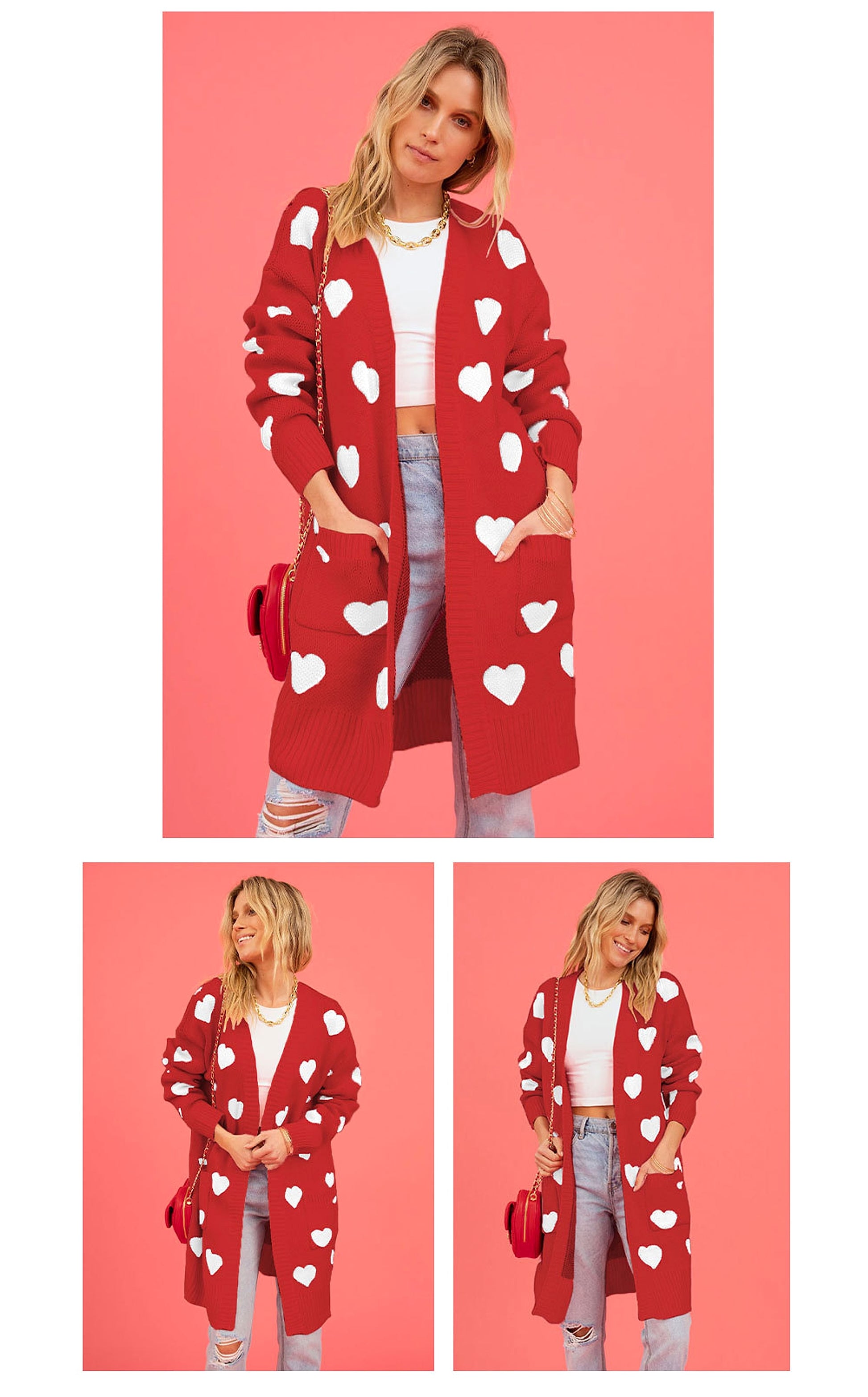 Heart Knitted Cardigan Love Pocket V-neck Mid-length Sweater - enhanced image 9