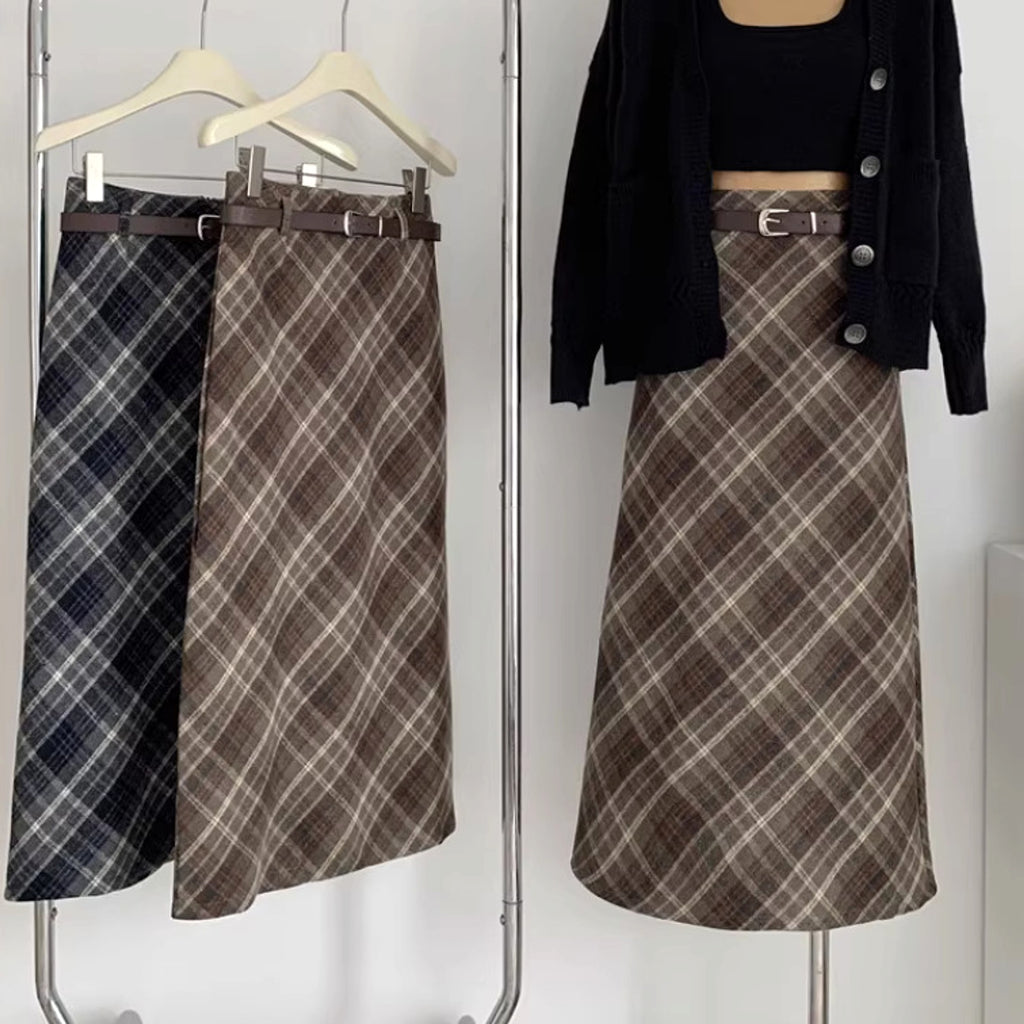 High Waist Mid-length Woolen Plaid Skirt For Women - enhanced image 9