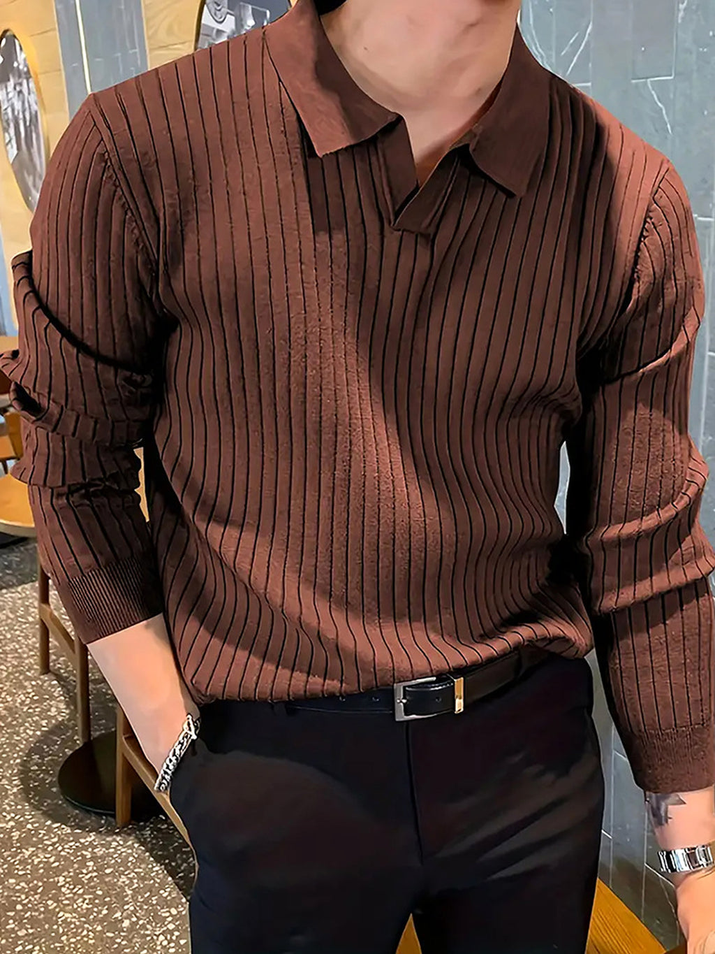 Lapel Texture Stretch Slim Knit Polo T-Shirt Men - enhanced image 9
