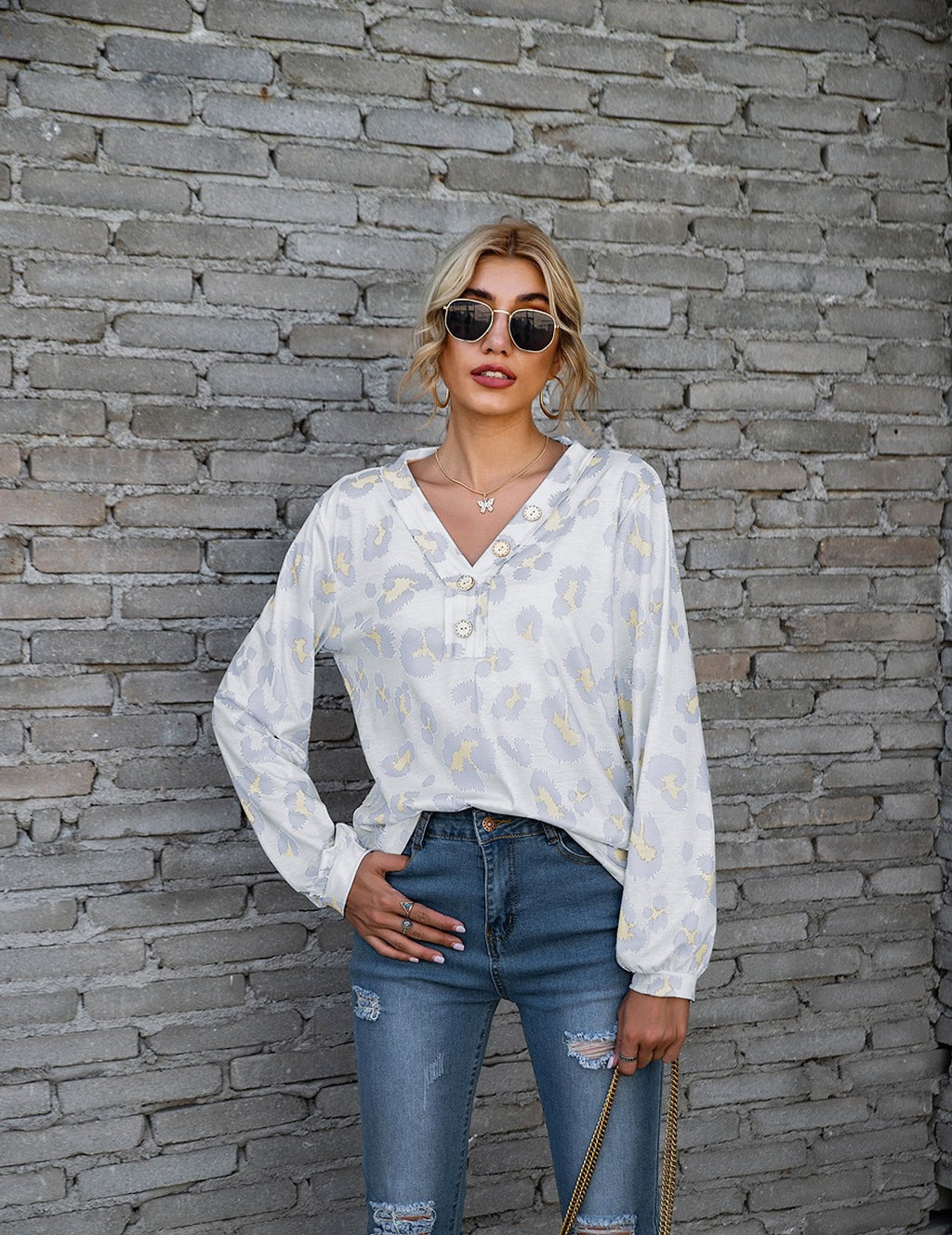 Leopard Print Printed V-neck Off-the-shoulder Long Sleeve T-shirt Women - enhanced image 9