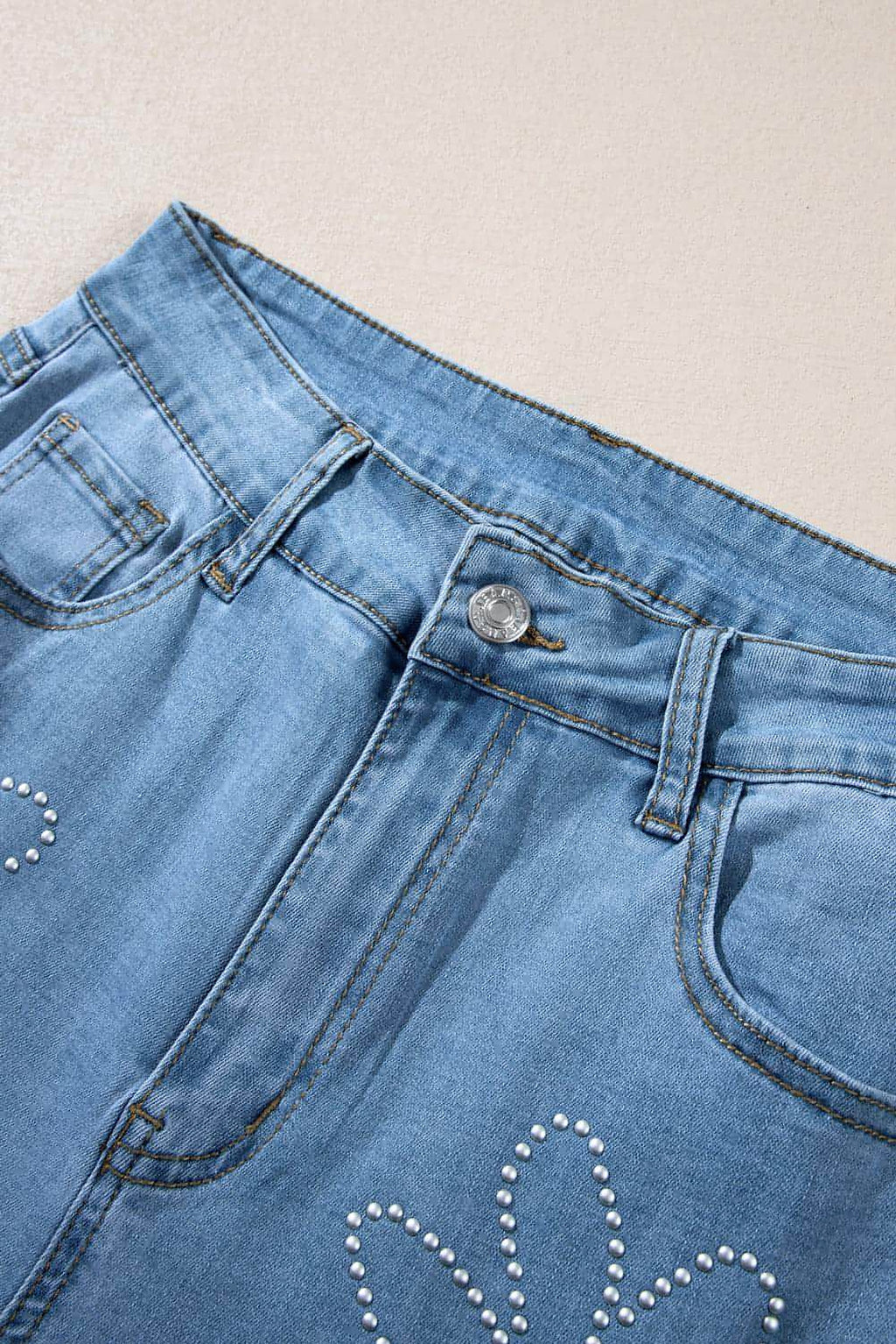 Light Blue Floral Rhinestone Decor High Rise Wide Leg Jeans - enhanced image 9