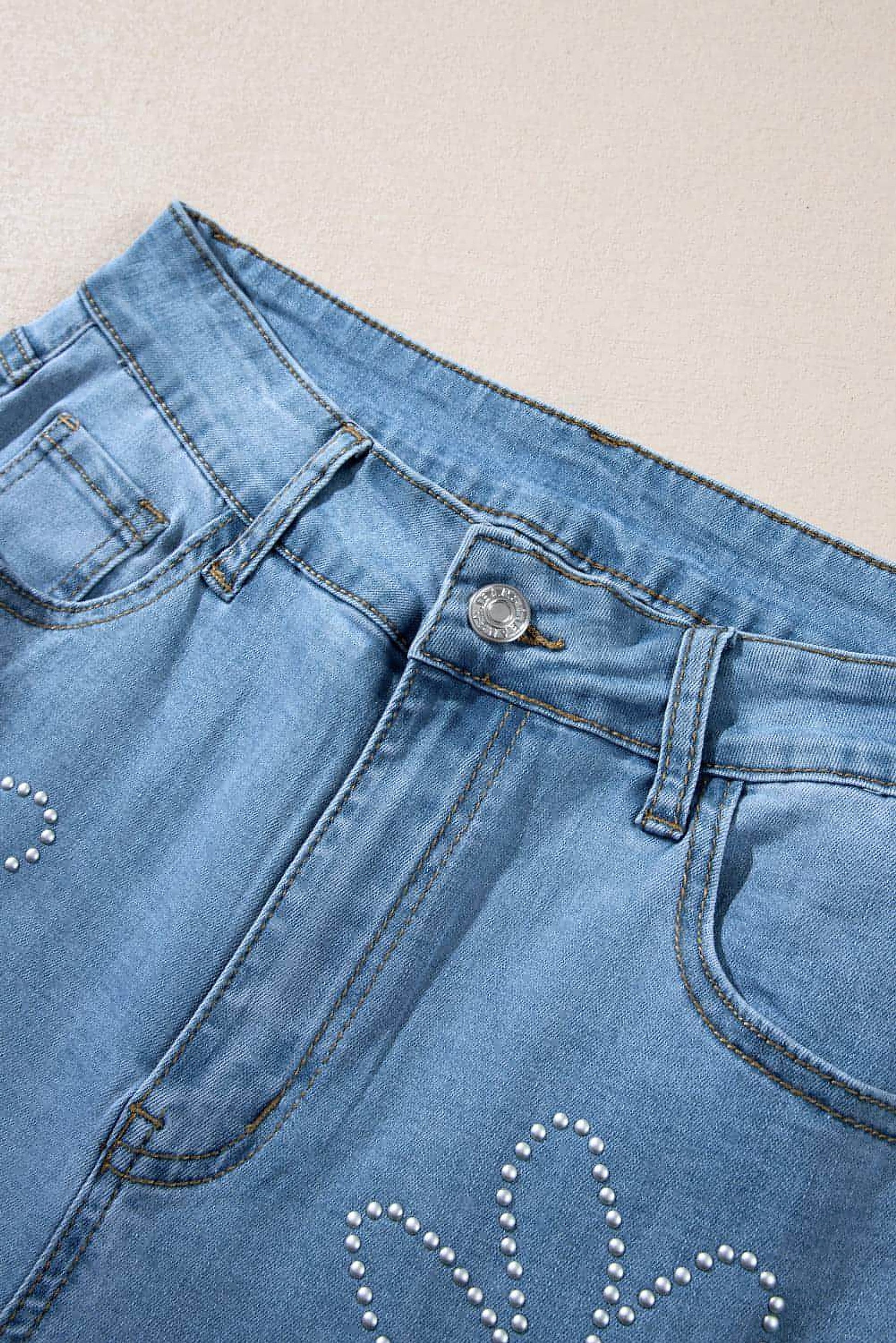 Light Blue Floral Rhinestone Decor High Rise Wide Leg Jeans - enhanced image 9